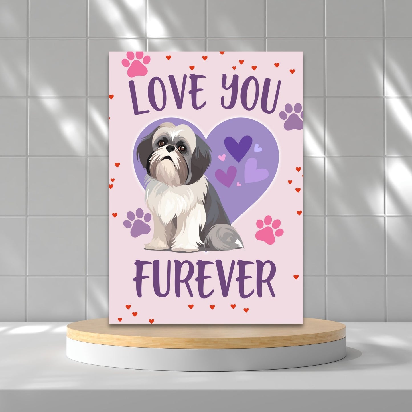 Printable Valentineās Day Greeting Card featuring the pun āLove You Furever.ā Designed as a 5x7 PDF on an 8.5 x 11 sheet with two cards per page. A cute and heartfelt Valentineās card for pet lovers.