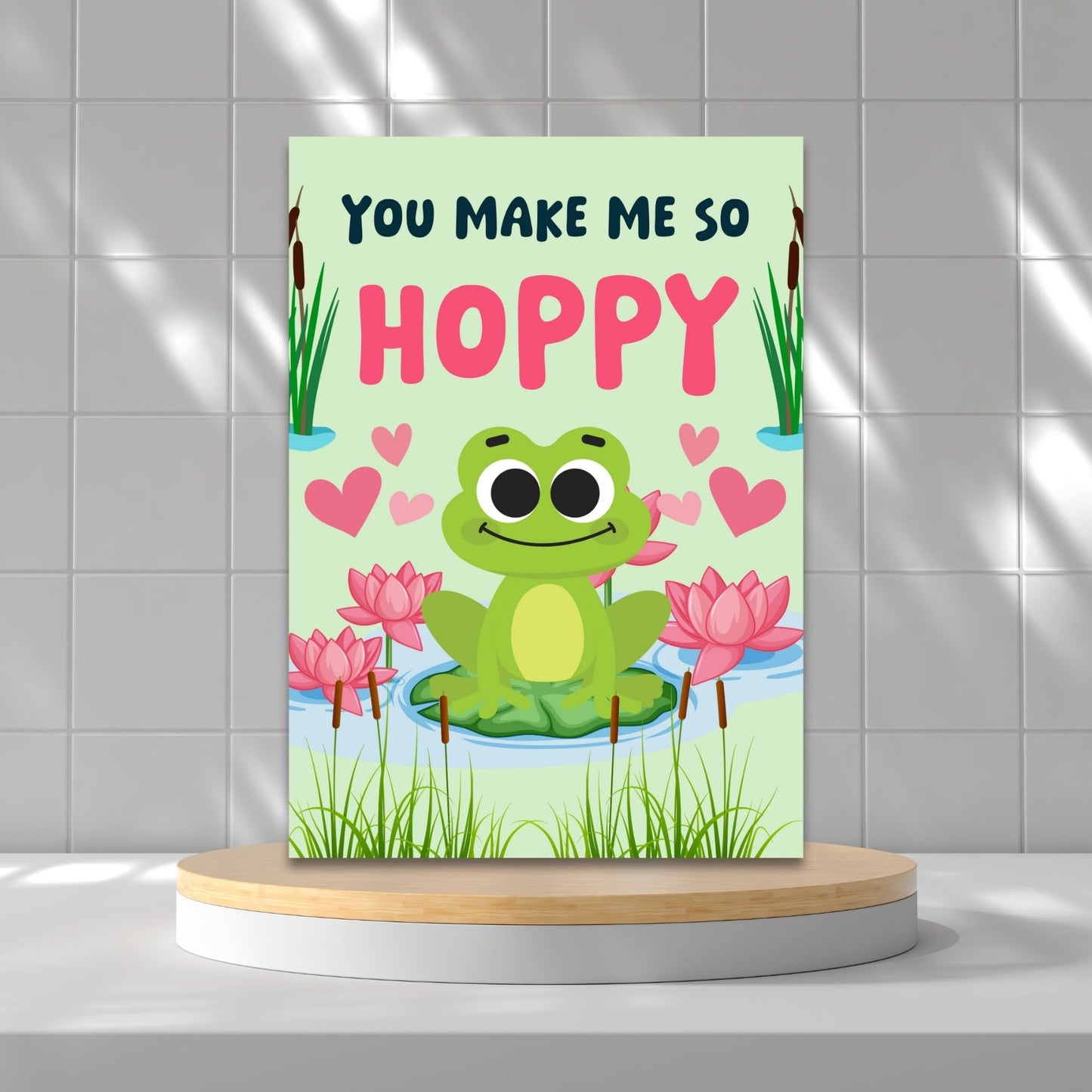 Printable Valentineās Day Greeting Card featuring the pun āYou Make Me So Hoppy.ā Designed as a 5x7 PDF on an 8.5 x 11 sheet with two cards per page. A fun and cute Valentineās card for frog lovers.