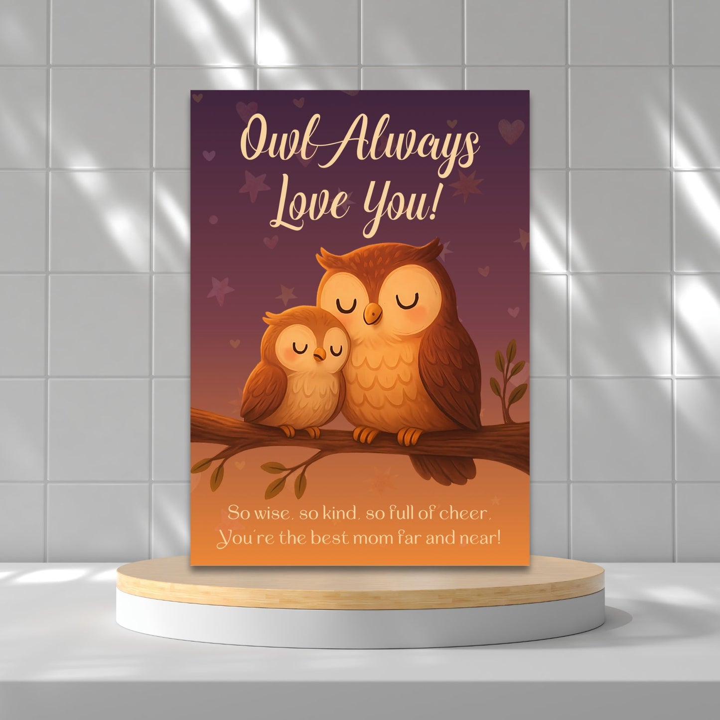 Printable 5x7 Mother's Day card with a cute owl and the pun "Owl Always Love You," featuring a soft, whimsical design, available as an instant download PDF.