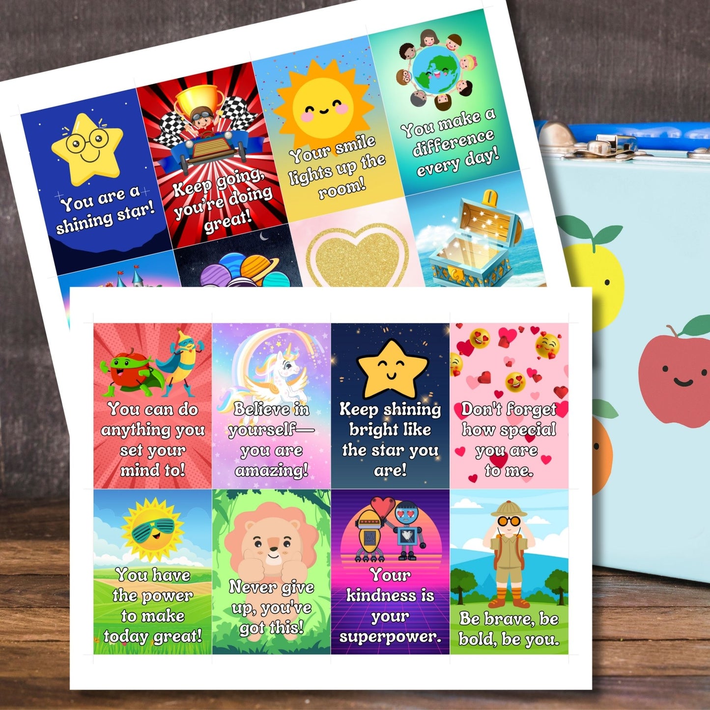 A collection of 16 colorful and motivational printable lunch box notes with fun designs, perfect for brightening up a child's lunchtime.