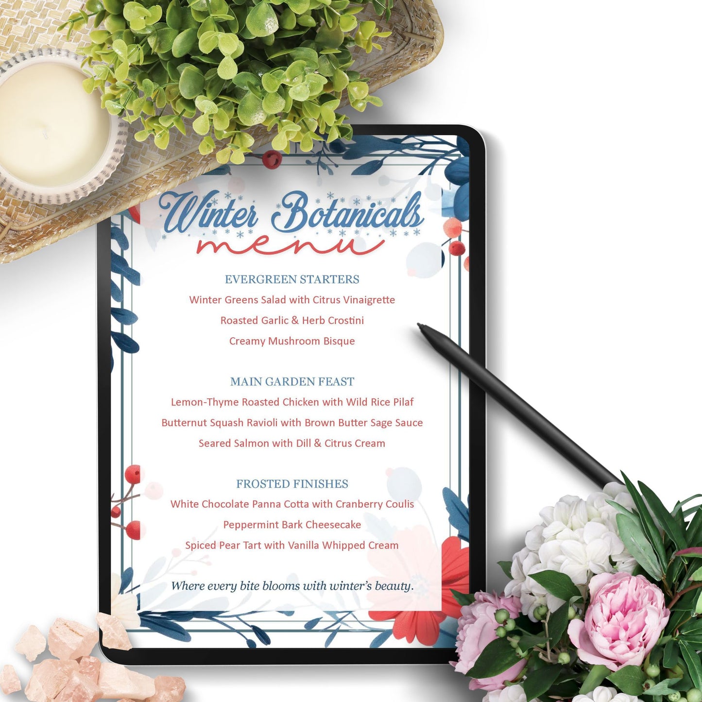 Tablet displaying a 'Winter Botanicals' menu with floral decorations on a white surface.