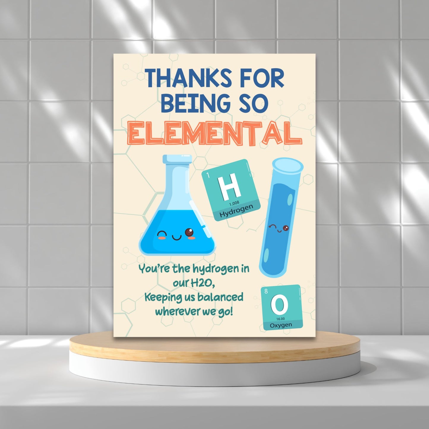 Science-themed printable card reading “Thanks for Being So Elemental” with periodic table style – 5x7 PDF digital download
