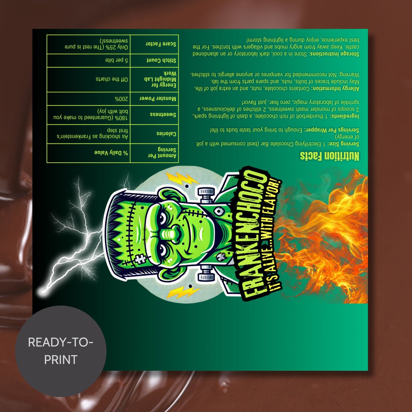 Printable and editable Frankenstein-themed Halloween chocolate bar wrapper featuring a bold Frankenstein design, perfect for spooky Halloween parties and treats.