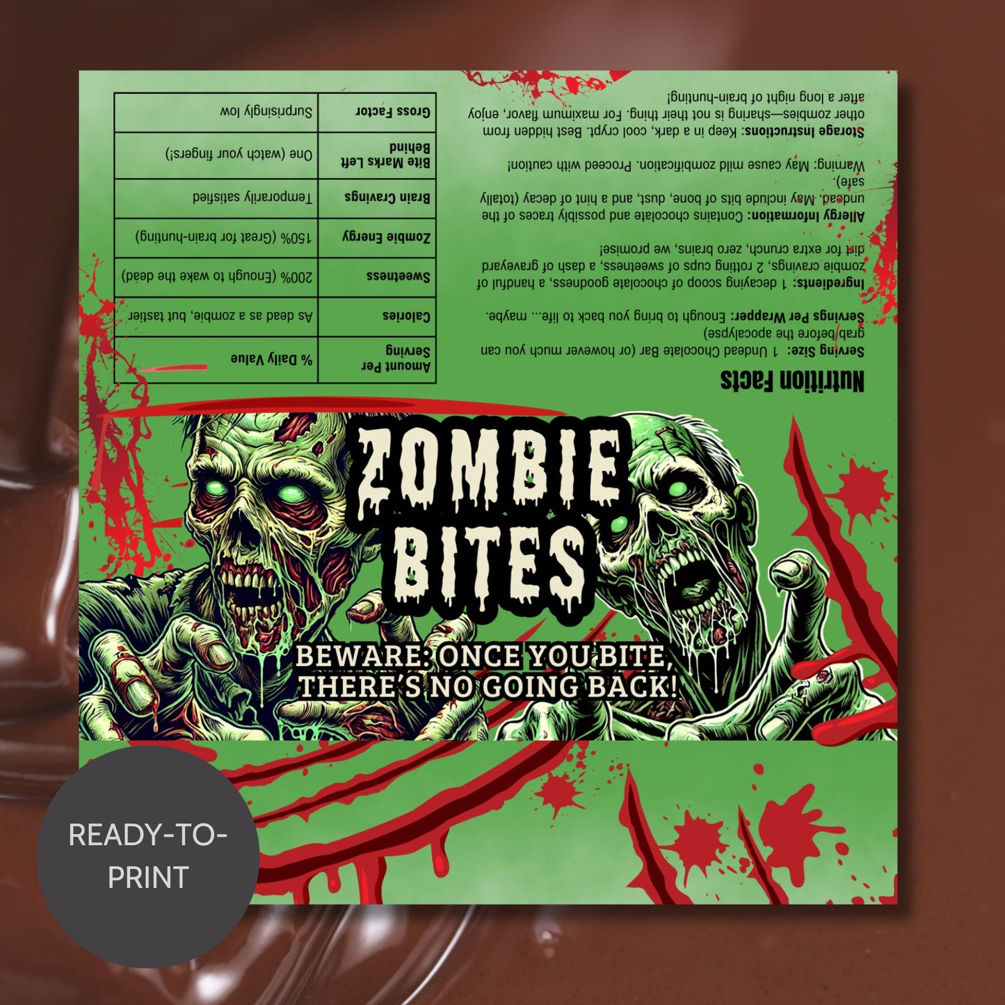 Printable and editable zombie-themed Halloween chocolate bar wrapper featuring a scary zombie design, perfect for trick-or-treat and spooky parties.
