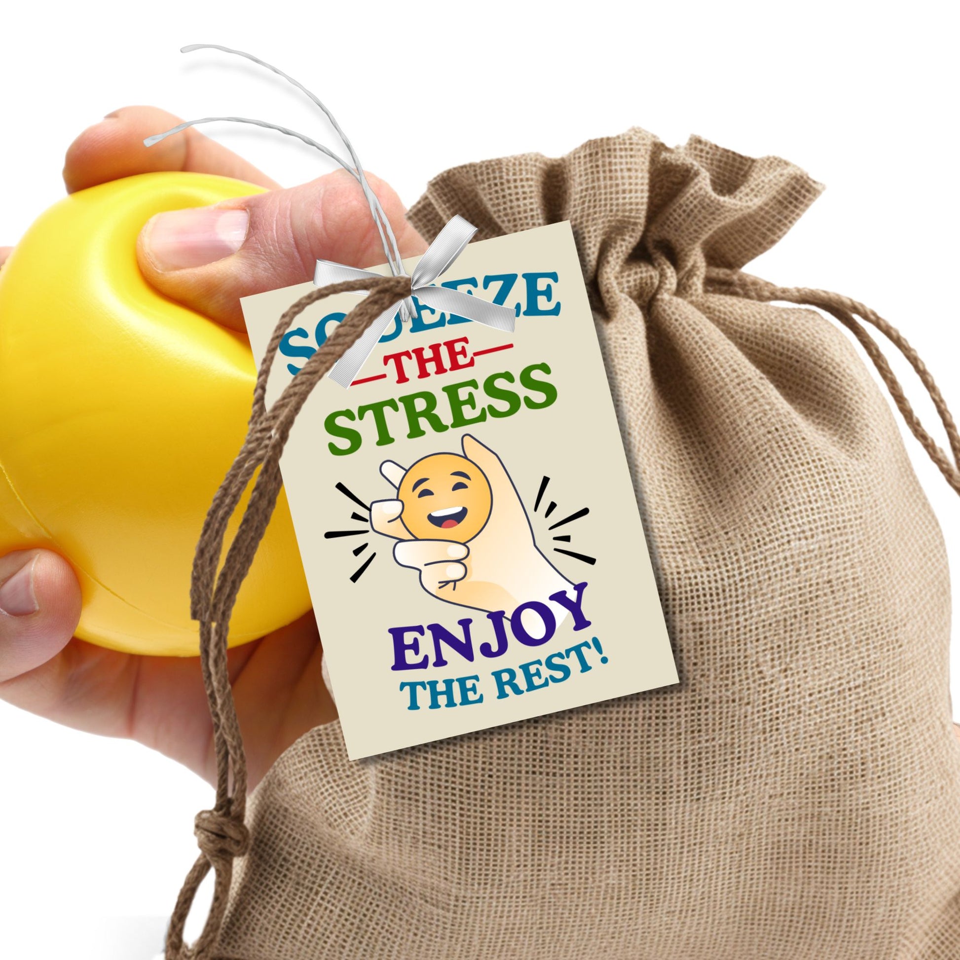 A cheerful gift tag featuring a stress ball and the phrase: "Squeeze the Stress, Enjoy the Rest!" Perfect for stress relief gifts for any occasion.