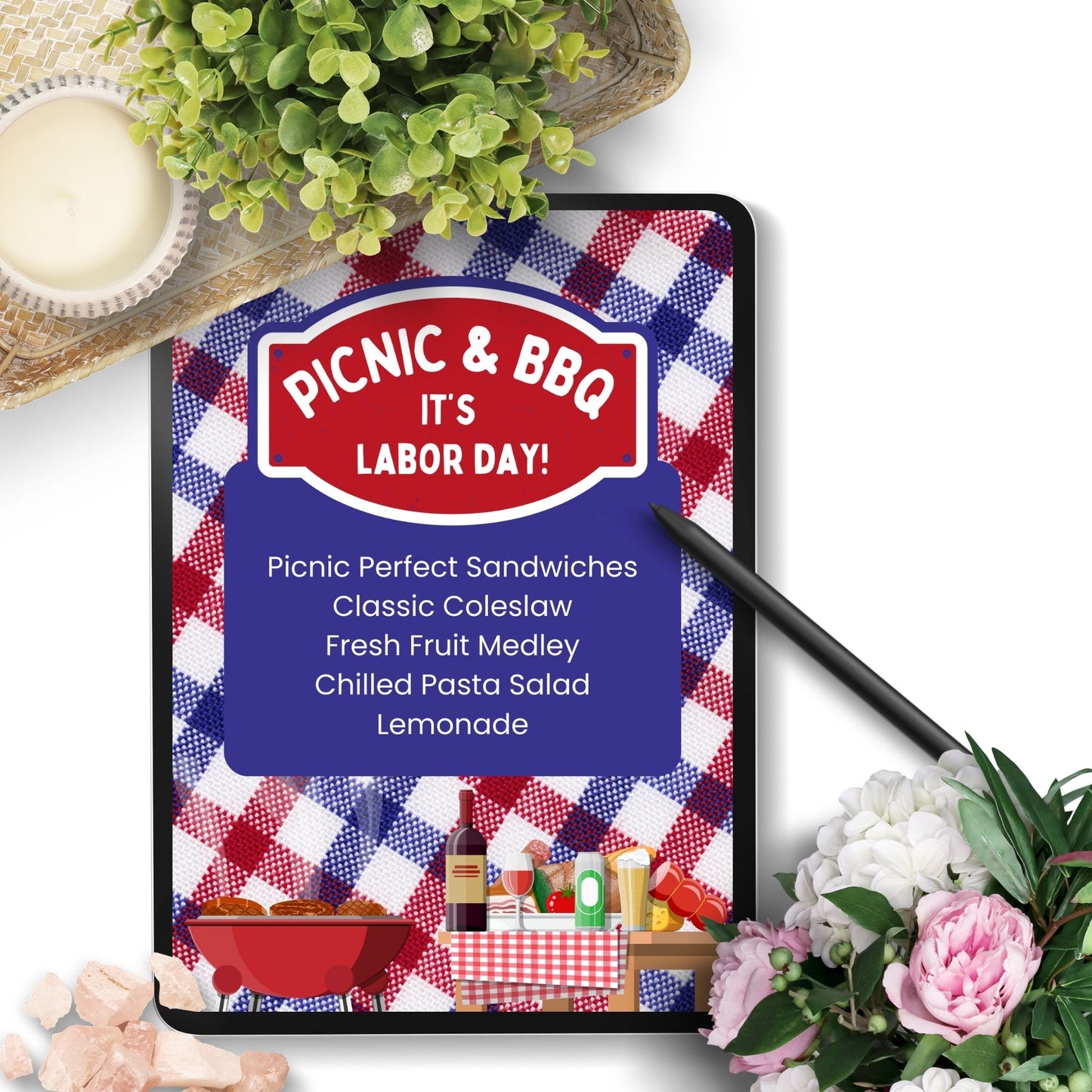 Picnic-themed Labor Day menu with a red, white, and blue gingham background, featuring editable items like Picnic Perfect Sandwiches and Fresh Fruit Medley.