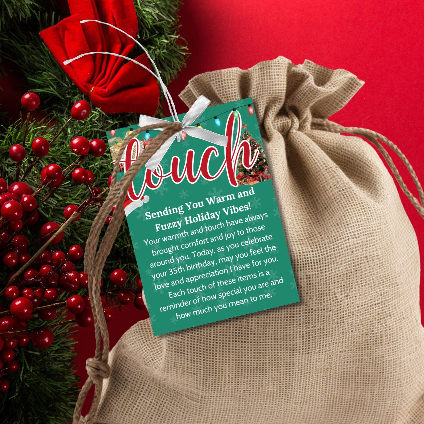 Festive holiday 5 Senses Gift Tags featuring Santa hats, Christmas trees, and snowflakes. Ideal for teachers, nurses, employees, and more. Includes an editable Canva template with personalized descriptions. Double-sided and perfect for spreading holiday cheer!