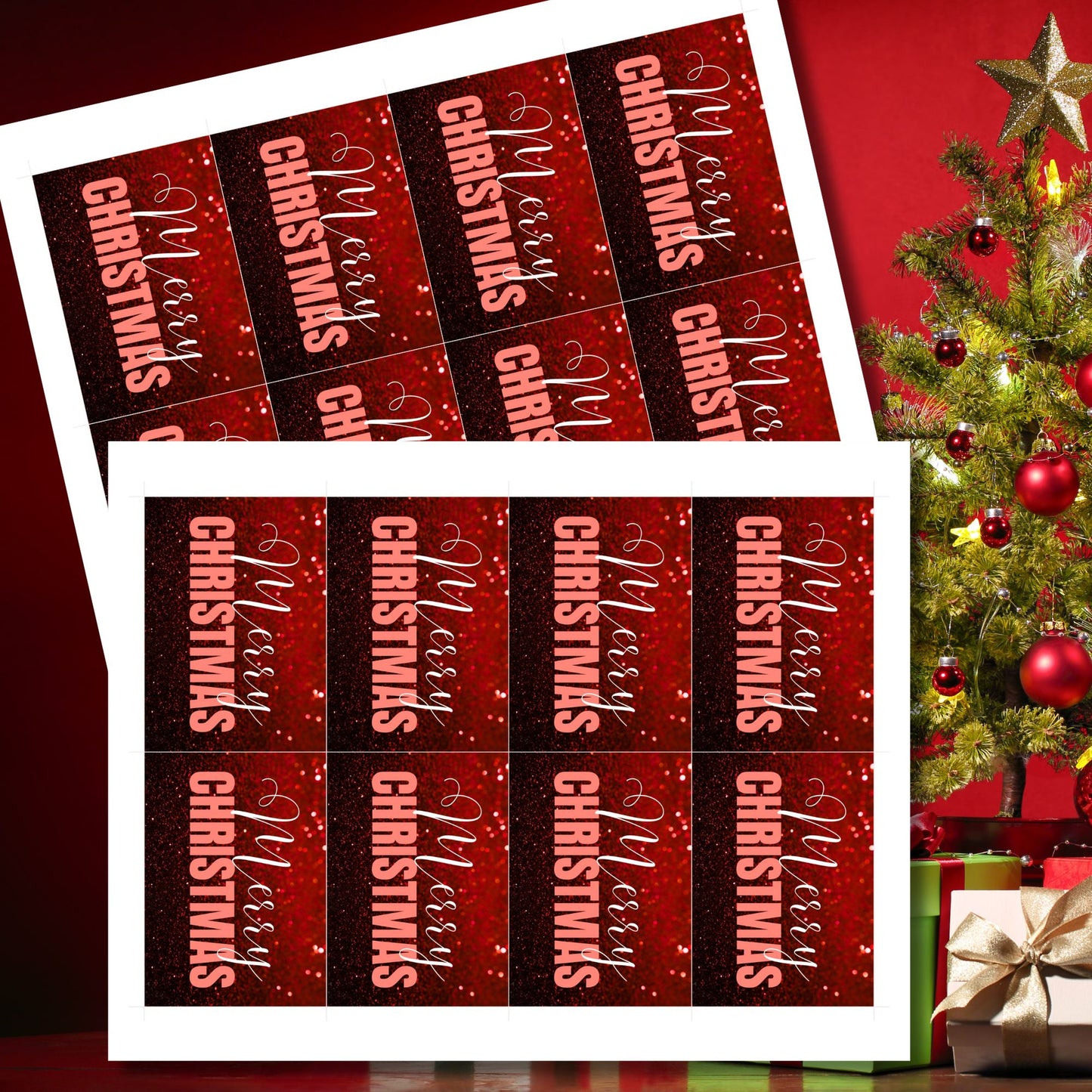 Red-themed ready-to-print Christmas gift tags featuring a glittery red background with elegant "Merry Christmas" text, 2.5 x 3.5 inches, 8 per 8.5 x 11-inch sheet.