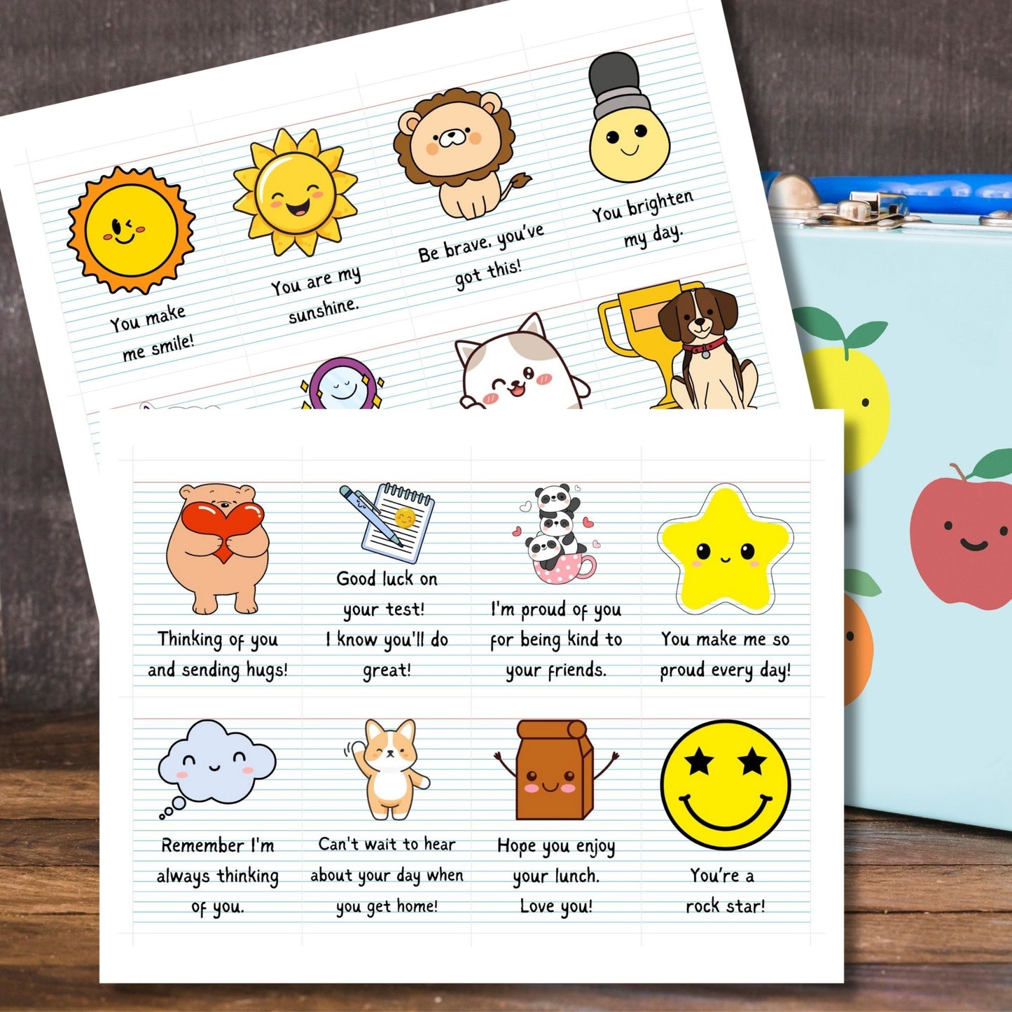 A collection of 16 colorful and heartfelt printable lunch box notes with personal messages, perfect for making a child's lunchtime special.