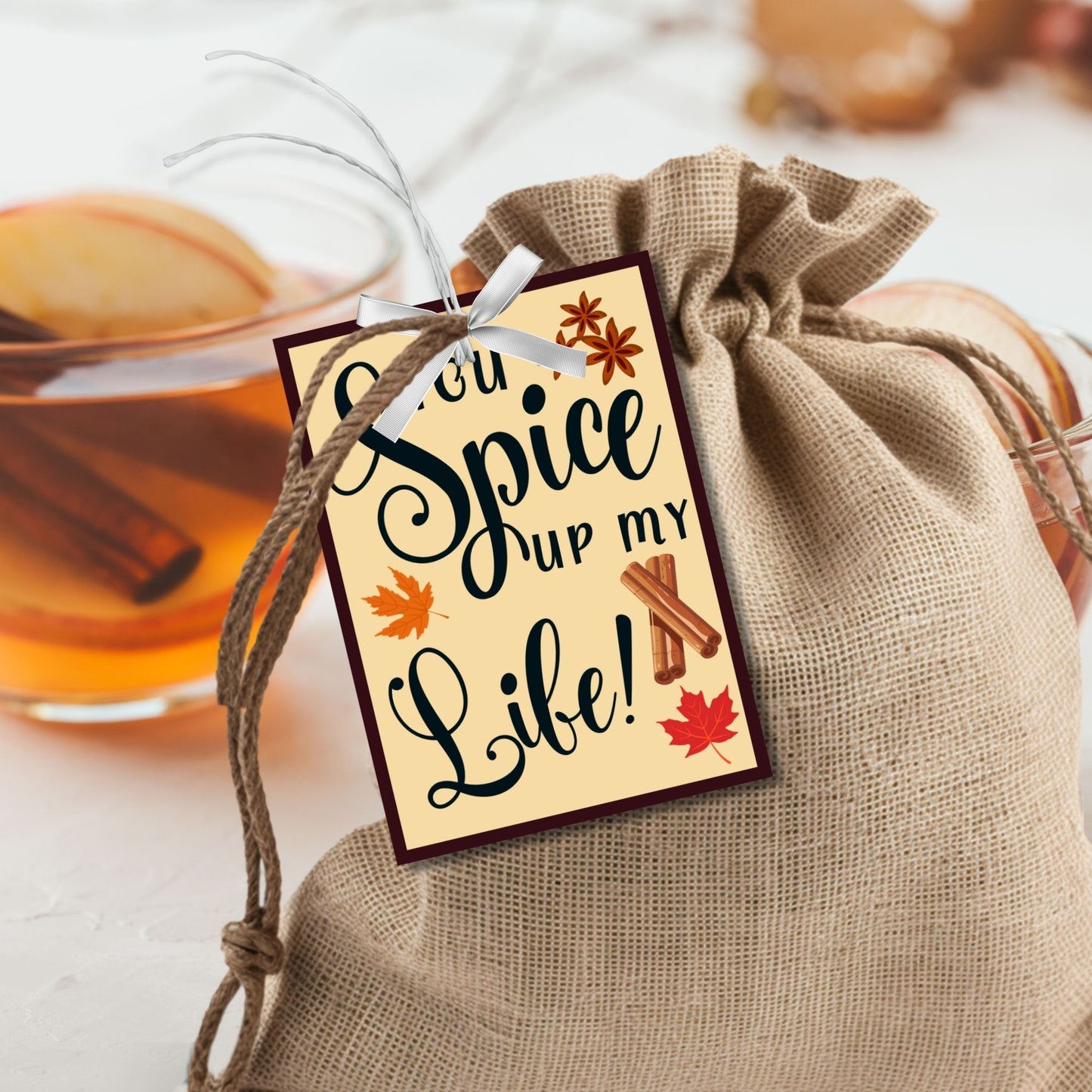 Editable spices-themed fall gift tags with the message 'You Spice Up My Life!' in 2.5 x 3.5 inches, 8 per sheet, available as printable and customizable PDFs.