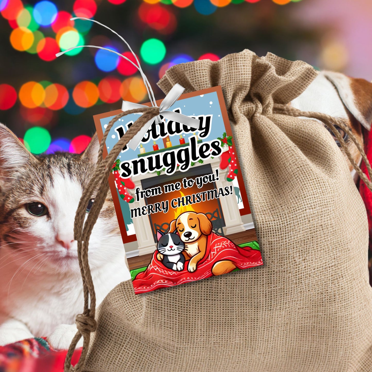 Christmas gift tags featuring a cozy dog and cat cuddled under a festive blanket by a snowy window, with the message "Holiday Snuggles from Your Best Friend." These printable and editable tags add warmth and charm to holiday gifts.