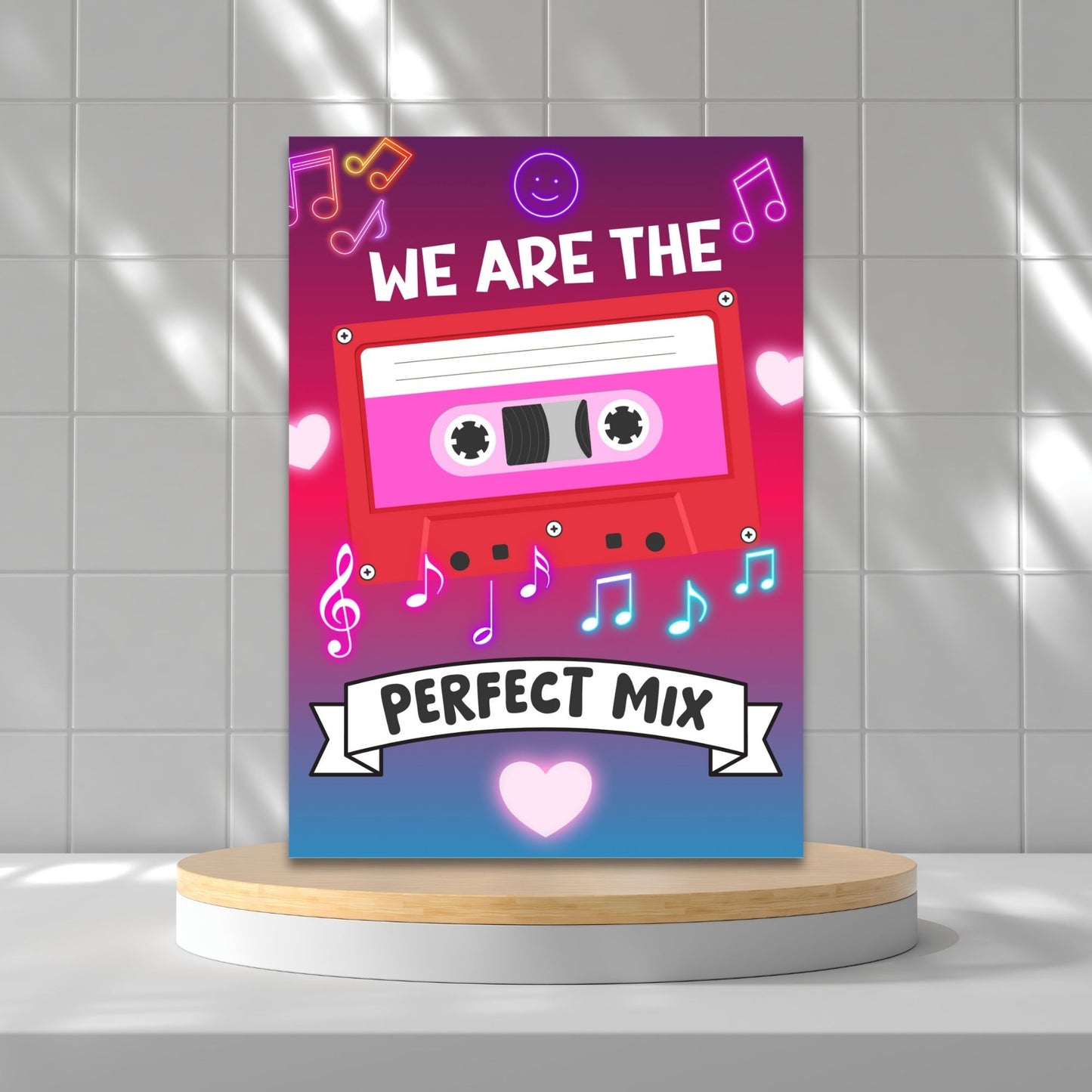 Printable Valentineās Day Greeting Card with the message āWe Are the Perfect Mix.ā Designed as a 5x7 PDF on an 8.5 x 11 sheet with two cards per page. A fun and heartfelt Valentineās card for couples and friends.