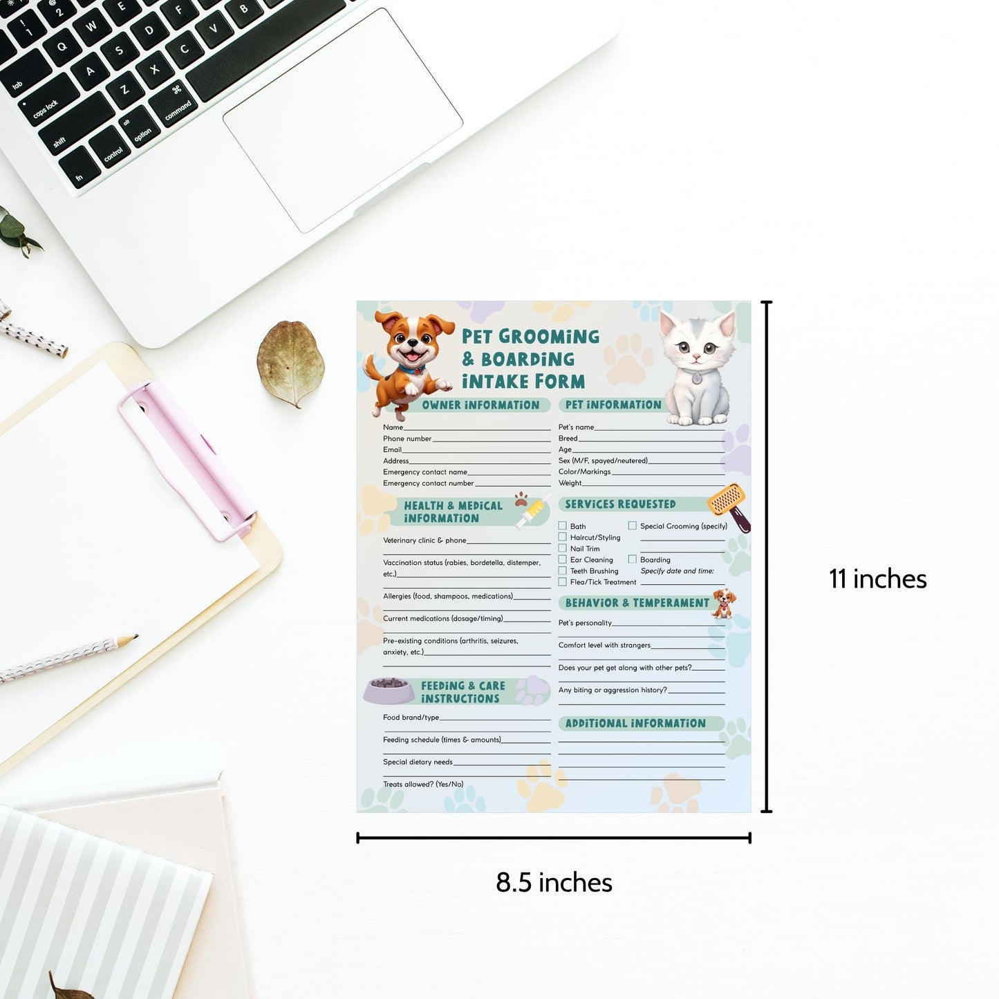 Printable Pet Grooming and Boarding Intake & Consent Form with playful paw print design ā 8.5x11 PDF business form for pet groomers and boarding services.