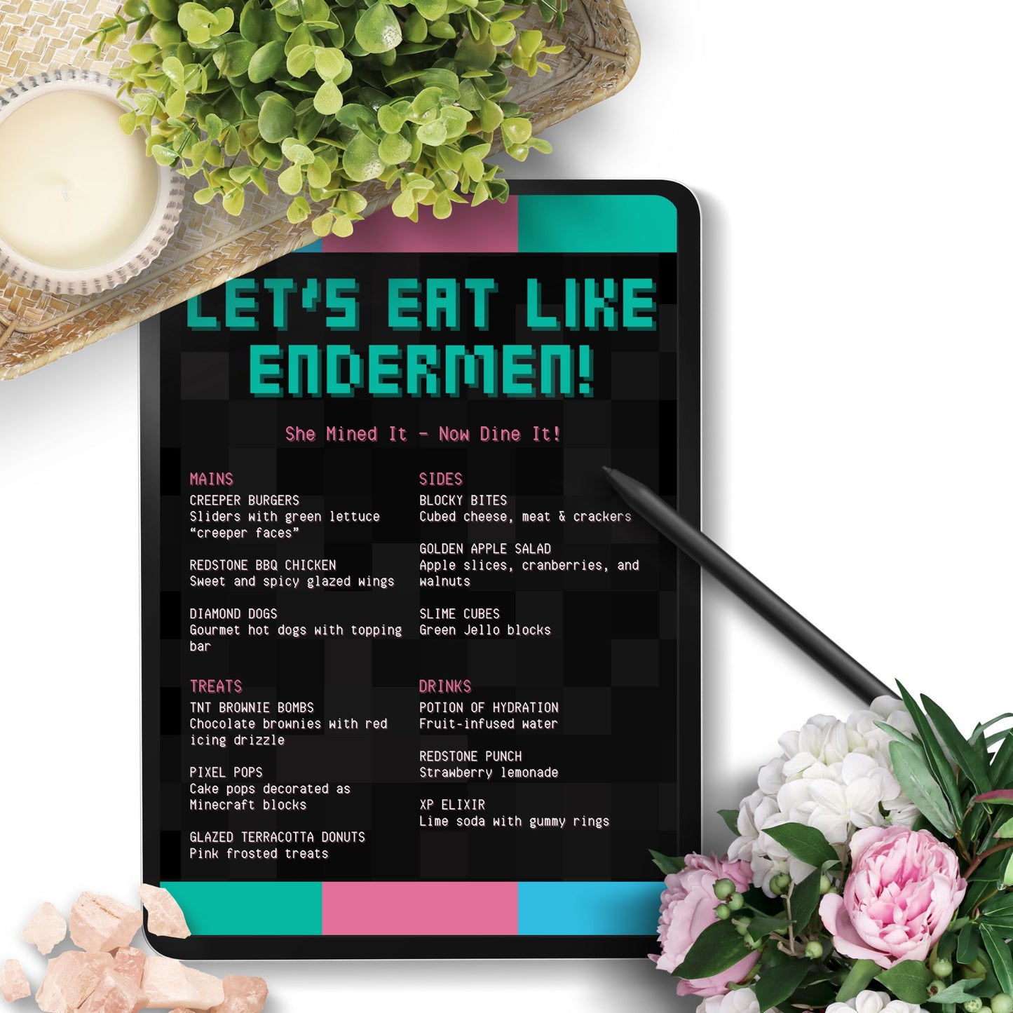 Editable Minecraft-themed menu template titled “Let’s Eat Like Endermen” with customizable tagline and food list. Pixel-style design, Canva editable, 8.5 x 11 inches.