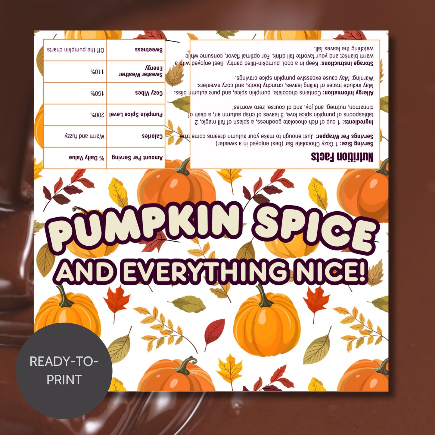 Printable and editable pumpkin-themed Halloween chocolate bar wrapper featuring pumpkins and fall leaves, perfect for Halloween and autumn-themed parties.