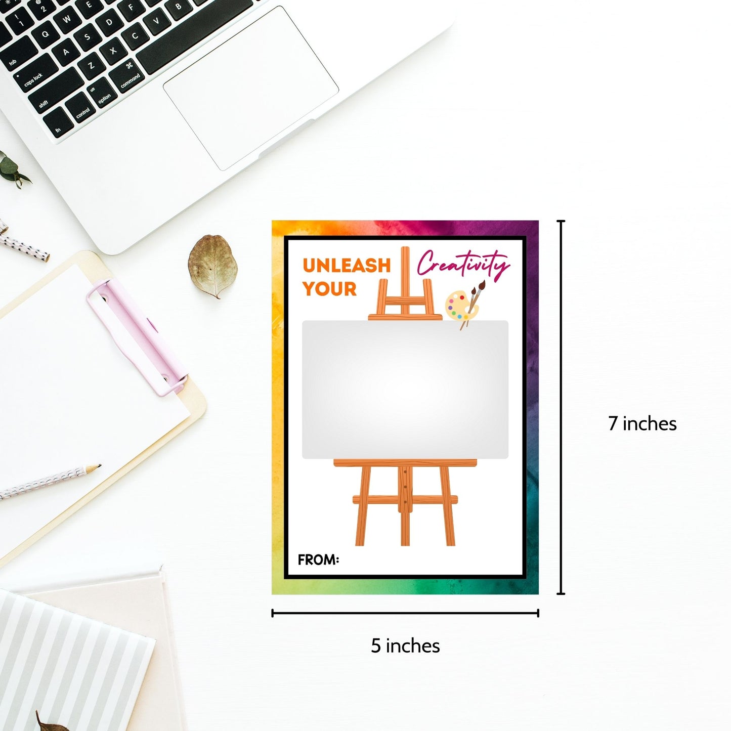 Printable art supply store gift card holders for students and anyone, 5x7 inches, laid out on an 8.5 x 11 inch sheet, with a creative "Unleash Your Creativity" message.