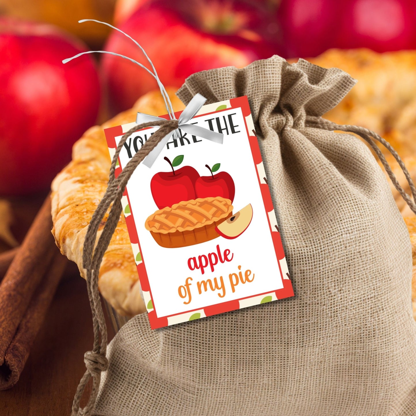 Editable apple pie-themed fall gift tags in 2.5 x 3.5 inches, 8 per sheet, available as printable and customizable PDFs.