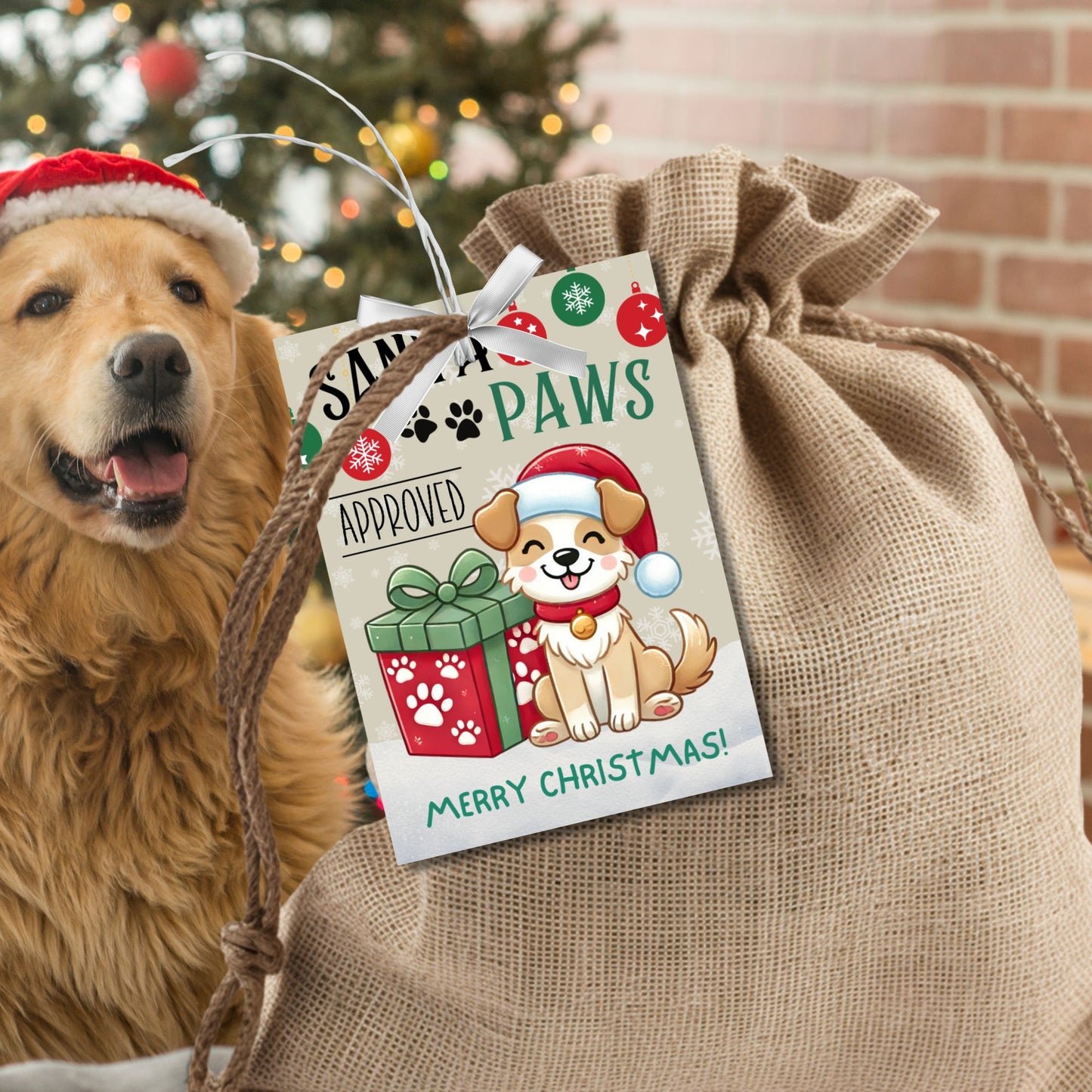 Christmas gift tags featuring an adorable puppy in a Santa hat, festive ornaments, and the message "Santa Paws Approved." These printable and editable tags are perfect for pet lovers and add a playful touch to holiday gifts.