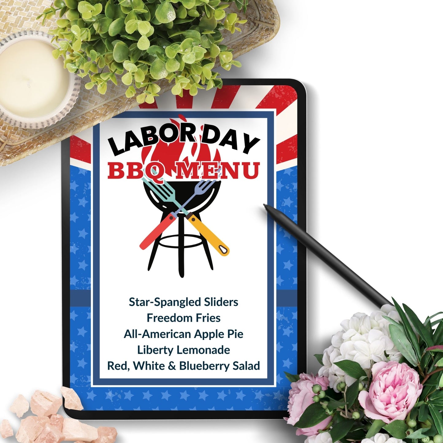 Patriotic Labor Day BBQ menu with red, white, and blue design, featuring editable food items like Star-Spangled Sliders and Liberty Lemonade.