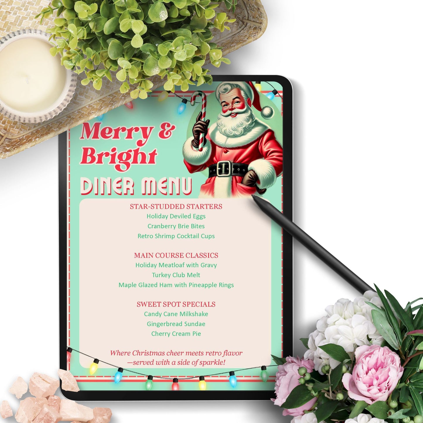 Christmas-themed diner menu with Santa Claus illustration on a tablet, surrounded by flowers and a candle.