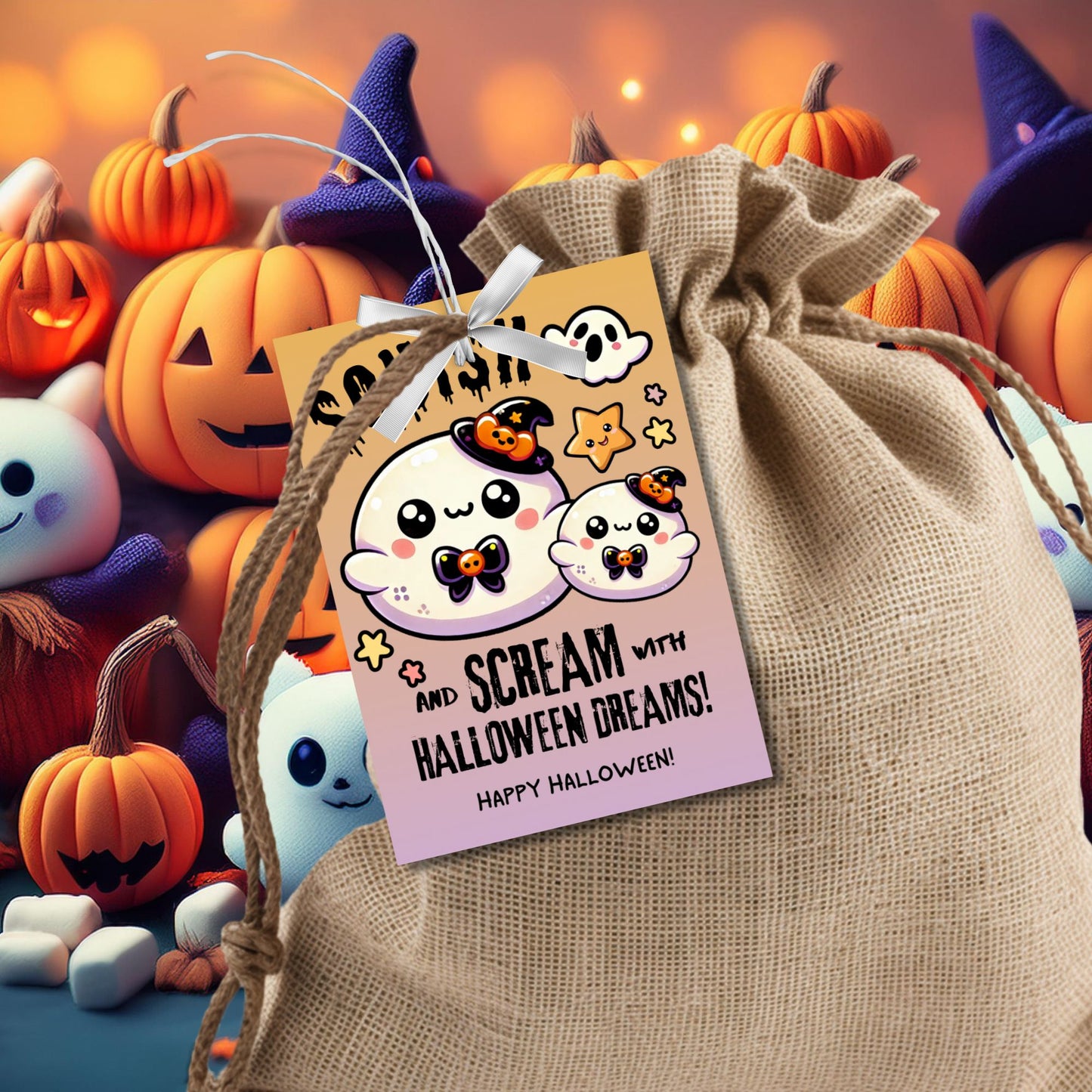 Adorable Halloween gift tags featuring squishy ghost characters with witch hats, designed for Squishmallow gifts. The tag reads "Squish and Scream with Halloween Dreams!" and is ideal for adding a fun and festive touch to your Halloween presents. Each tag is 2.5 x 3.5 inches and comes with a printable PDF and an editable template.