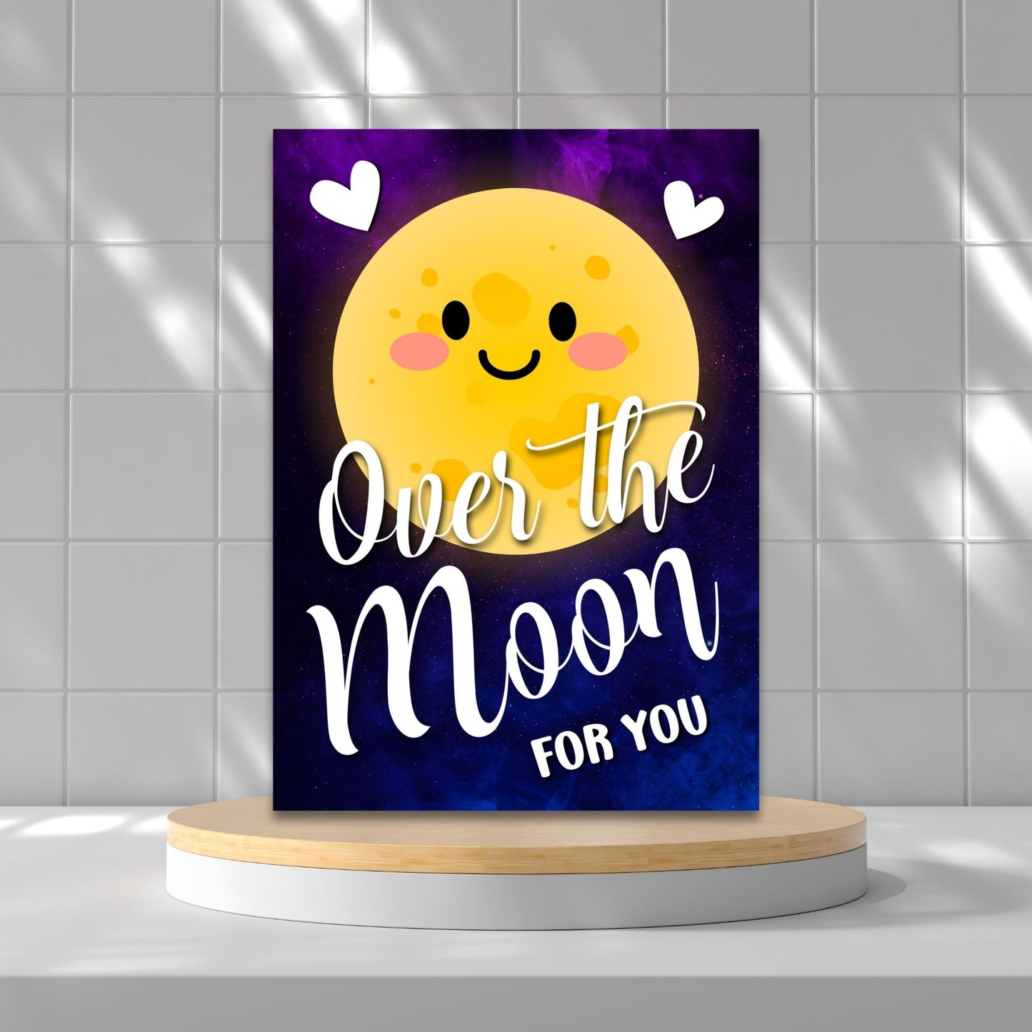 Printable Valentineās Day Greeting Card featuring the space-inspired phrase āOver the Moon for You.ā Designed as a 5x7 PDF on an 8.5 x 11 sheet with two cards per page. A romantic and heartfelt Valentineās card for stargazers and space lovers.