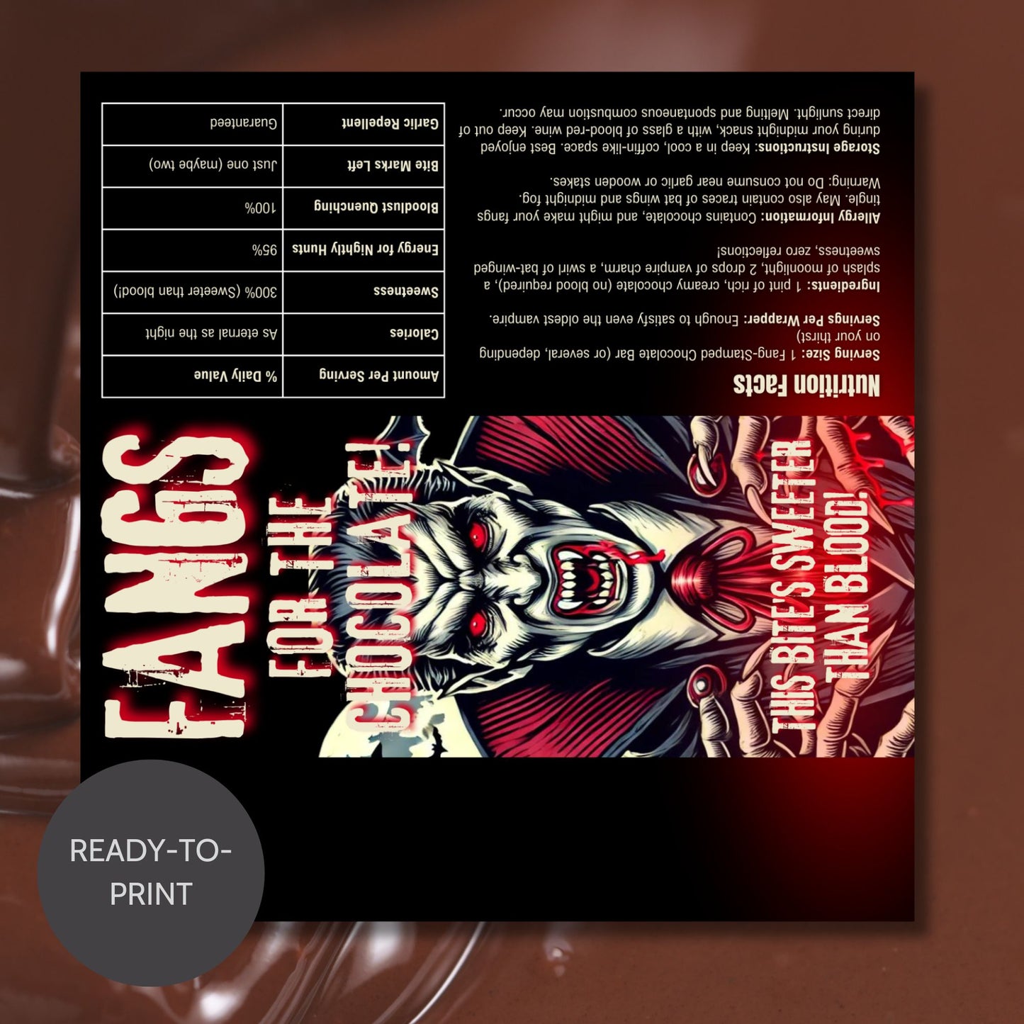Printable and editable vampire-themed Halloween chocolate bar wrapper featuring a menacing vampire, perfect for spooky treats and Halloween parties.