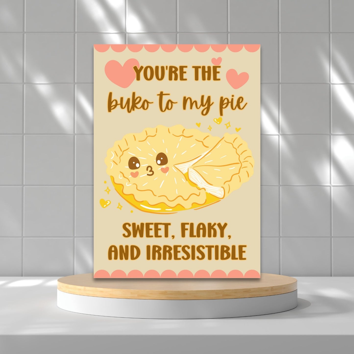 Printable Valentineās Day card featuring the phrase āYou're the Buko to My Pieā with a Filipino Buko Pie-inspired design. Designed as a 5x7 PDF on an 8.5 x 11 sheet with two cards per page. A punny and heartfelt Valentineās card for Filipino food lovers.