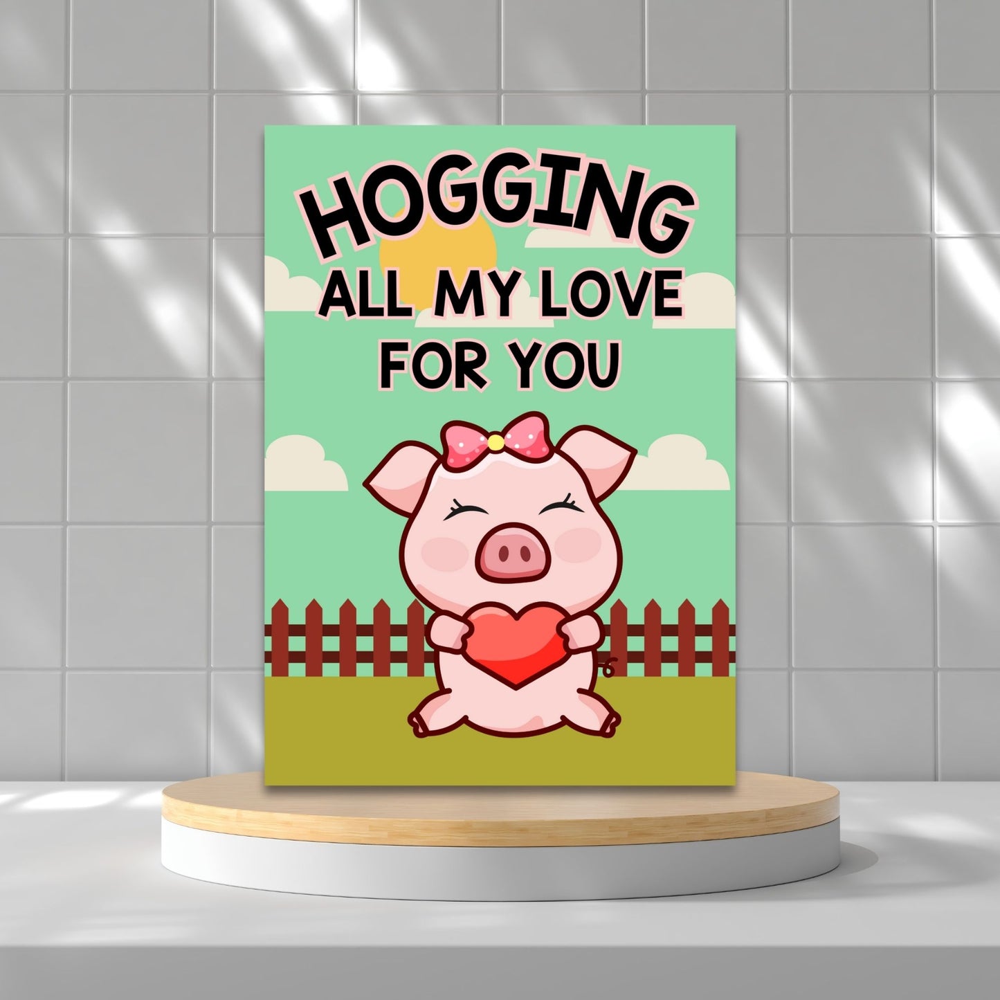 Printable Valentine’s Day Greeting Card featuring the phrase “Hogging All My Love for You” with a pig theme. Designed as a 5x7 PDF on an 8.5 x 11 sheet with two cards per page. A fun and playful Valentine’s card for animal lovers.
