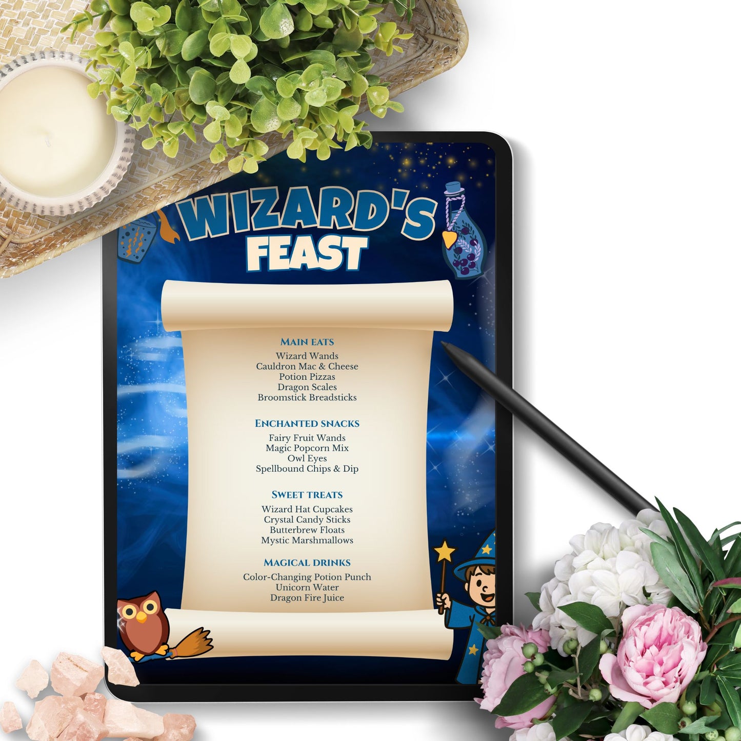 Editable Wizard Feast Party Menu with magical food names like Potion Pizzas, Owl Eyes, and Unicorn Water – 8.5x11 printable for fantasy-themed celebrations.