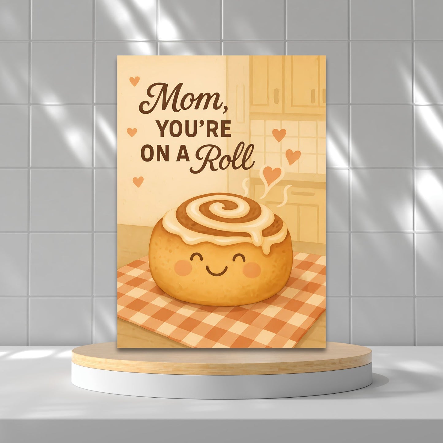 Printable 5x7 Mother’s Day card with the message “Mom, You’re On a Roll,” featuring a cinnamon roll graphic and playful pastel design, available as an instant PDF download.