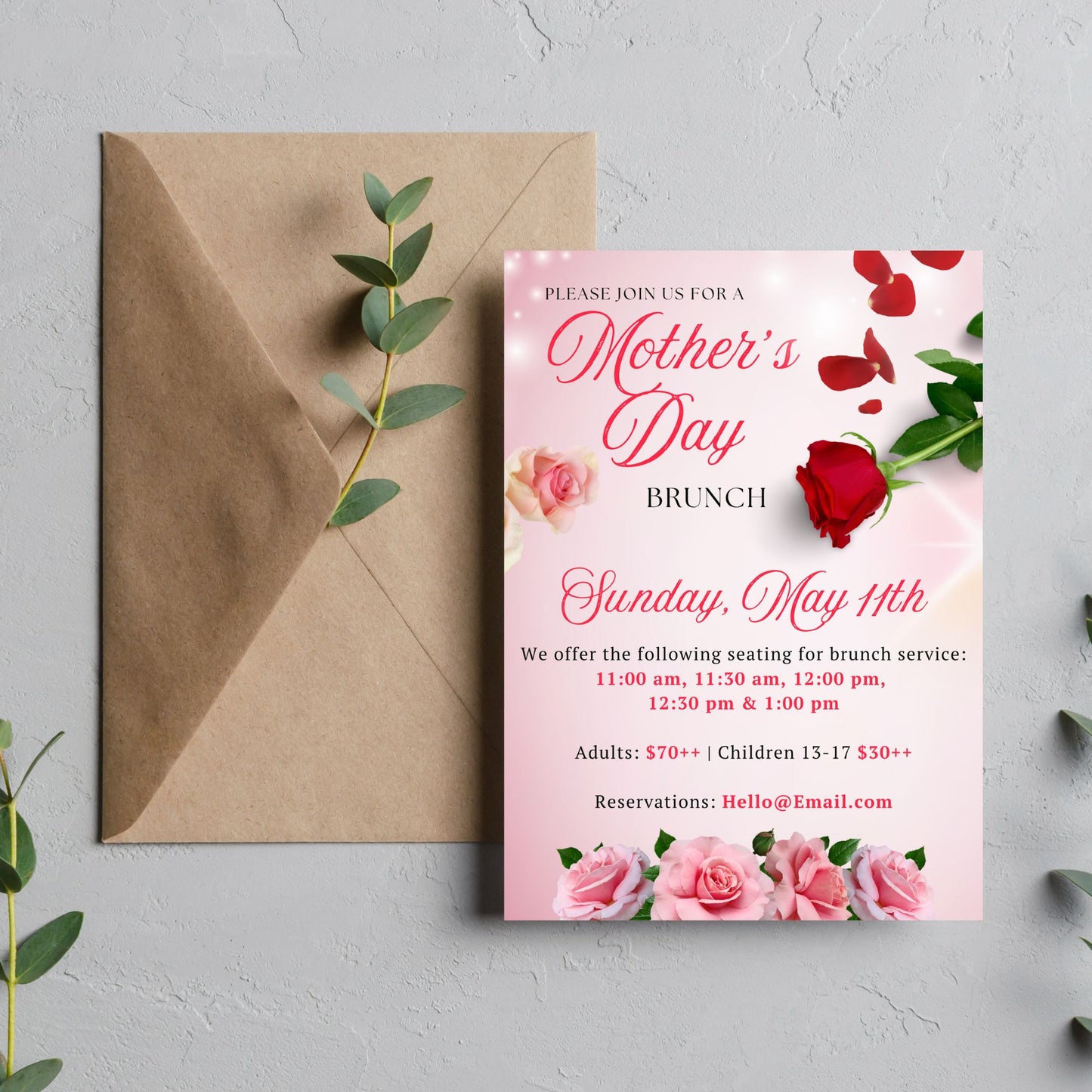 Customizable Elegant Mother's Day Brunch Invitation Flyer | Pink Red Rose Invite | Canva Template | Given Crafted Wonders