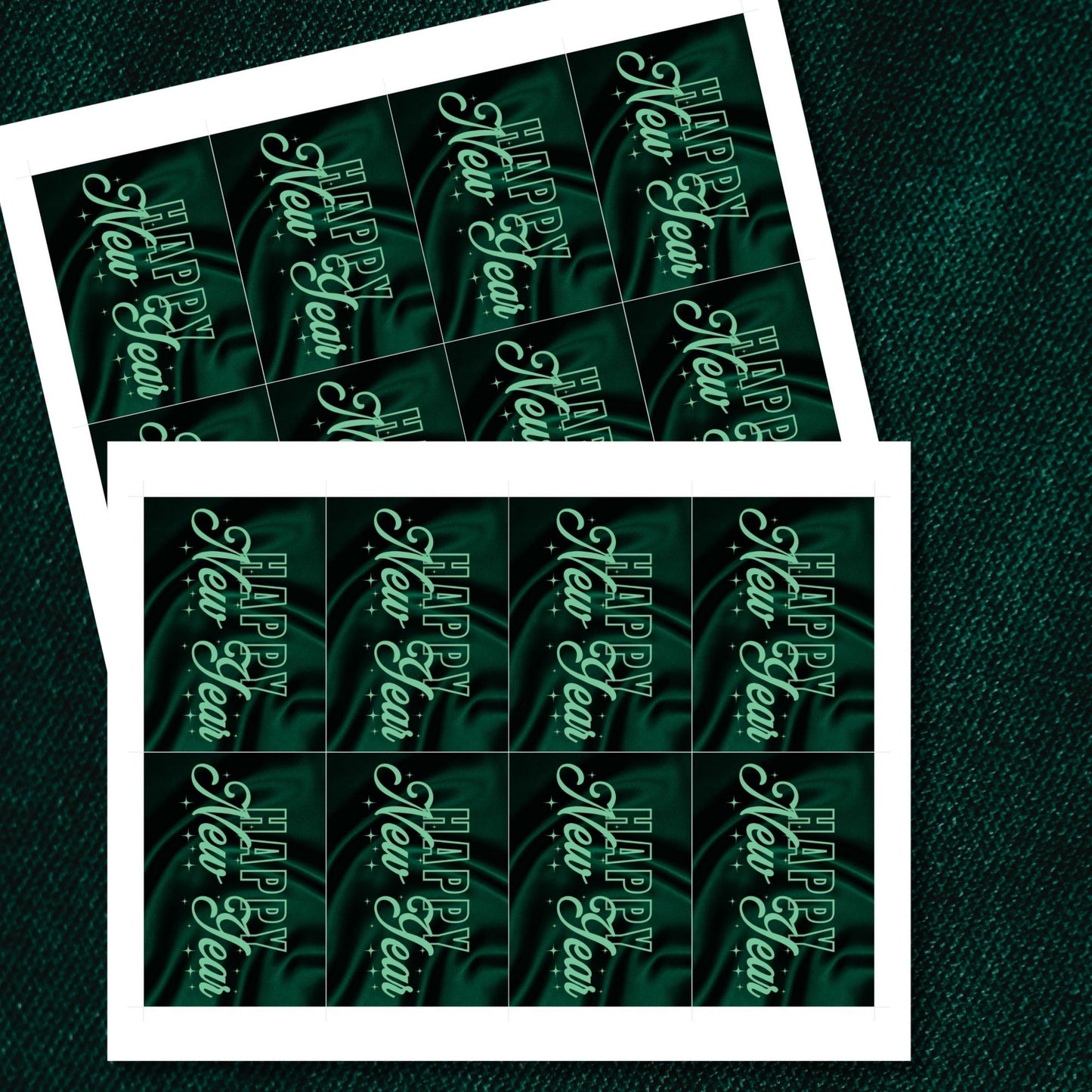 Elegant emerald green Happy New Year printable gift tags with a satin-inspired background and shimmering accents, ideal for luxury gifting and party favors.