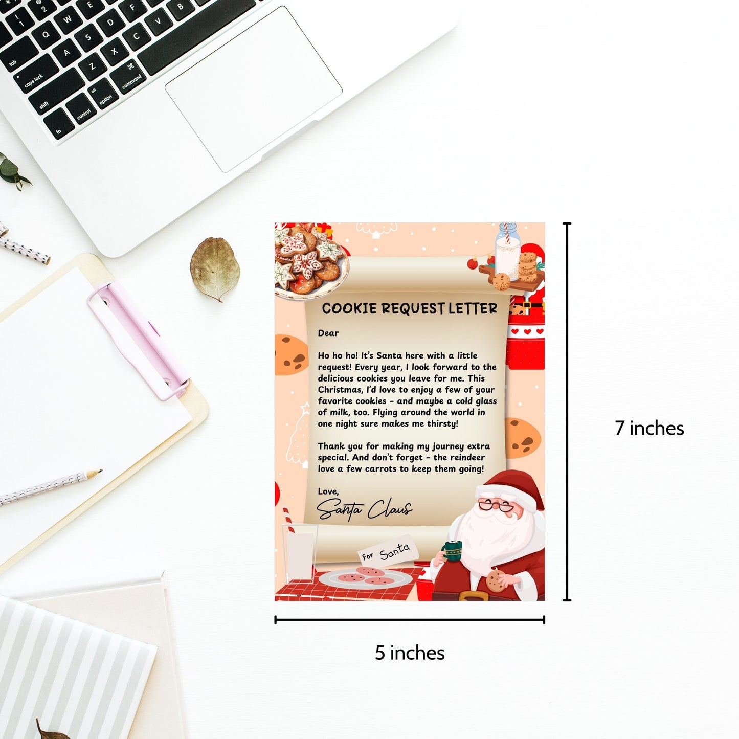 A festive Printable Cookie Request Letter, sized 5x7 inches, featuring a playful message from Santa asking for his favorite cookies, perfect for adding extra magic to Christmas Eve traditions.