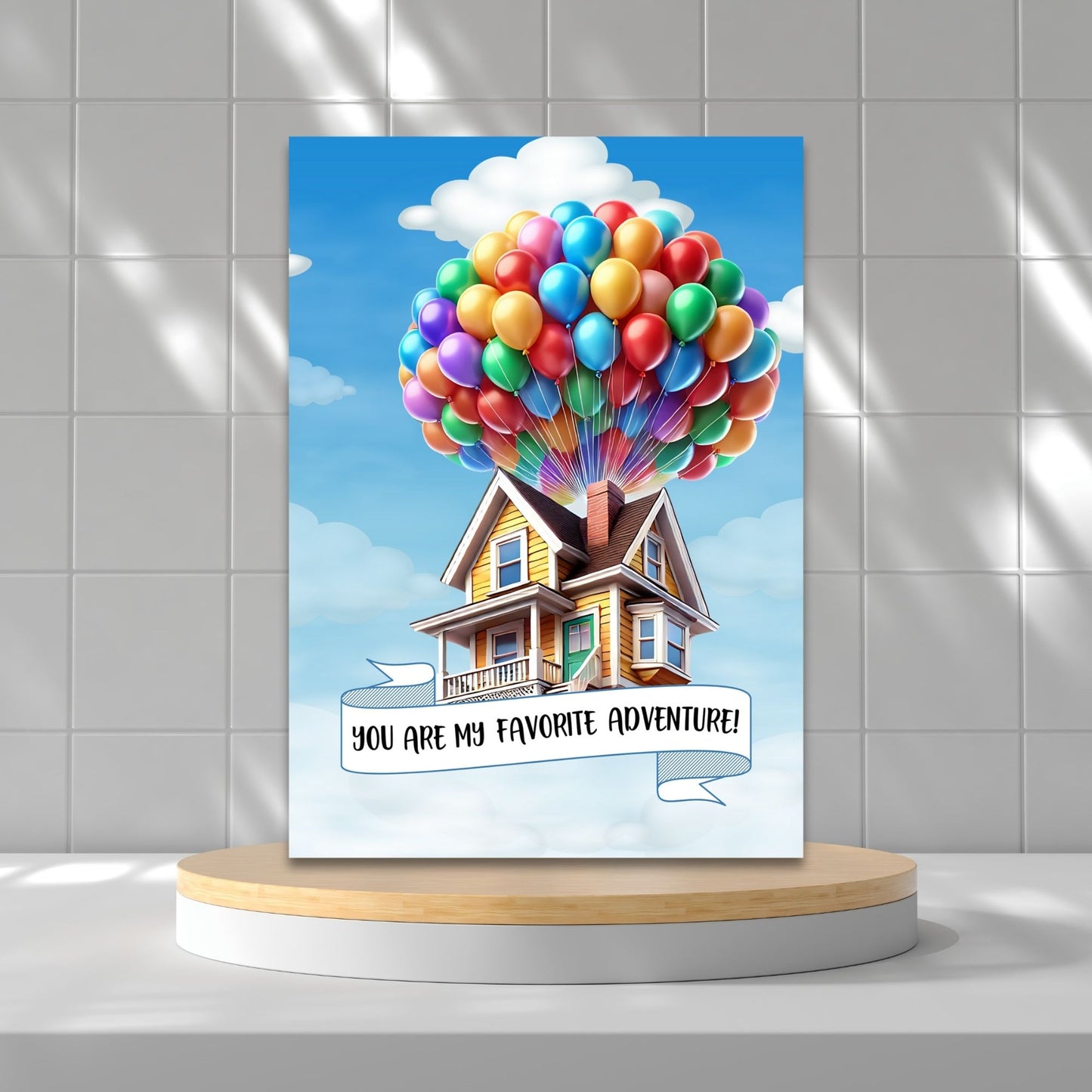 Up movie-inspired printable Valentine’s Day Greeting Card featuring the pun “You Are My Favorite Adventure,” designed as a 5x7 PDF on an 8.5 x 11 sheet with two cards per page. Perfect for gifting to someone special.