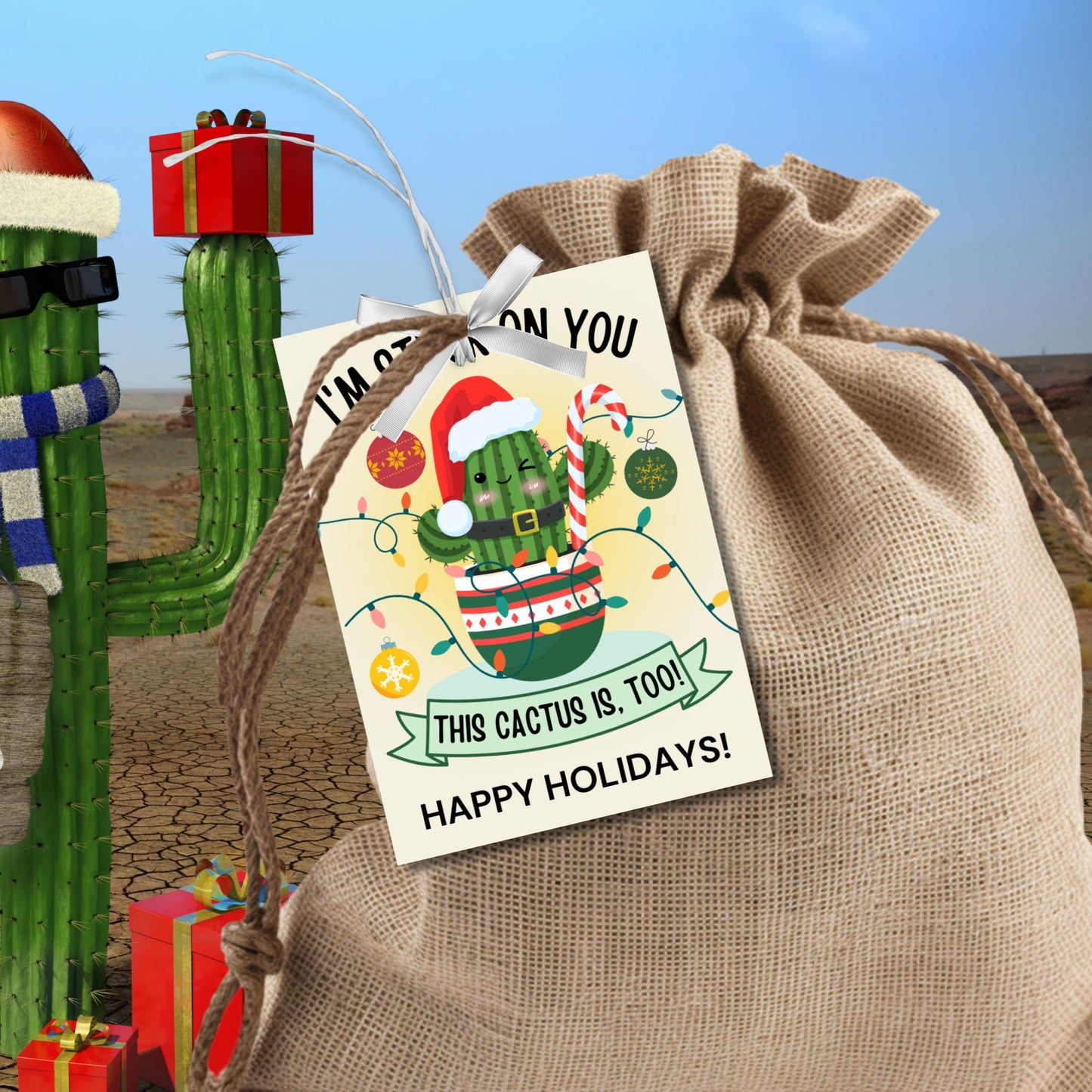 Festive holiday gift tags featuring a cheerful cactus in Christmas attire, perfect for cactus-themed or succulent gifts. Includes printable PDF and editable Canva template.