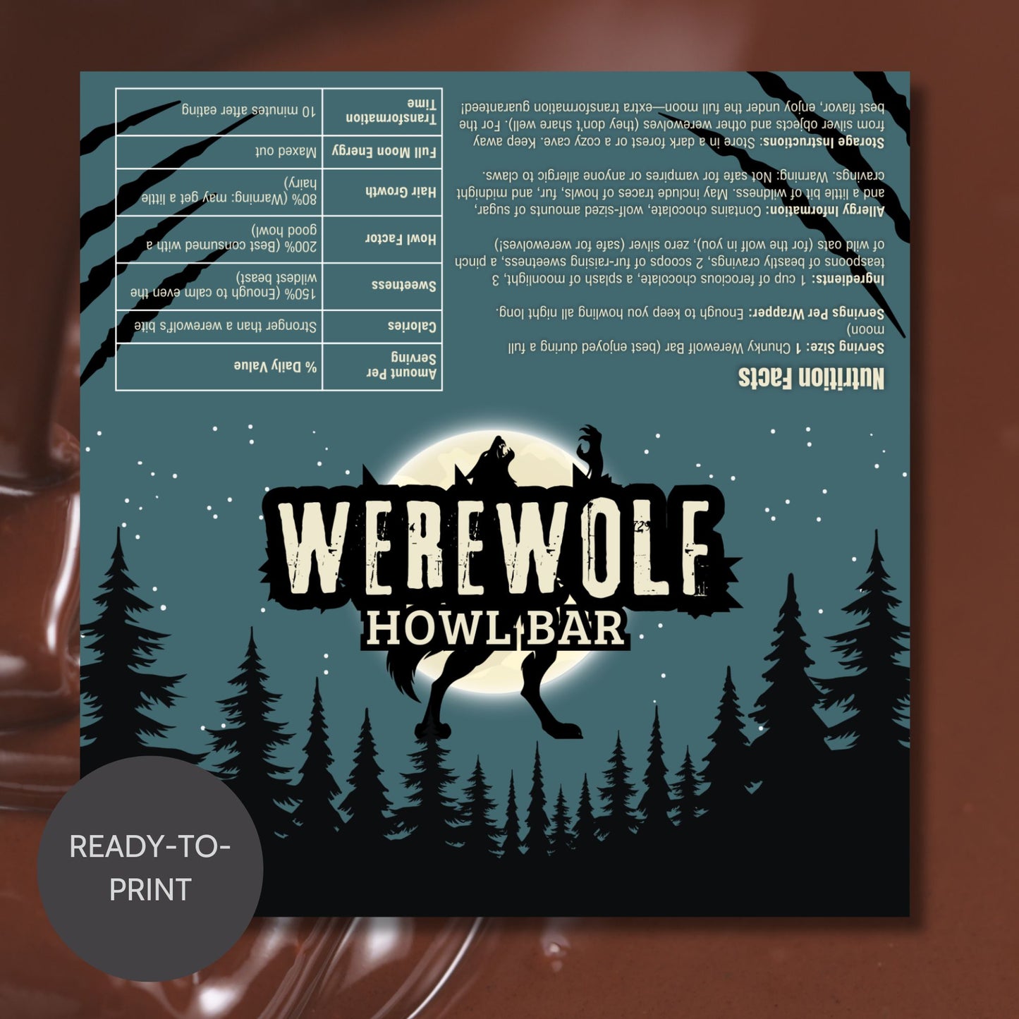 Printable and editable werewolf-themed Halloween chocolate bar wrapper featuring a full moon and howling werewolf, perfect for spooky treats and Halloween parties.