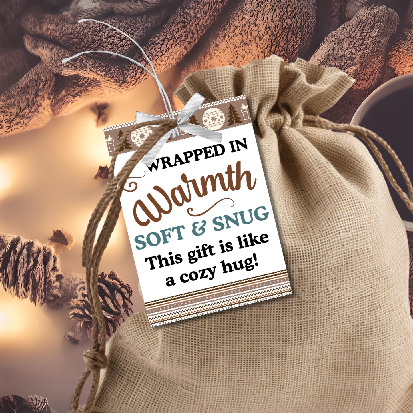 Printable "Wrapped in Warmth" gift tags designed for blankets and cozy gifts. Perfect for personalized or homemade blankets. Includes printable PDF and editable Canva template.