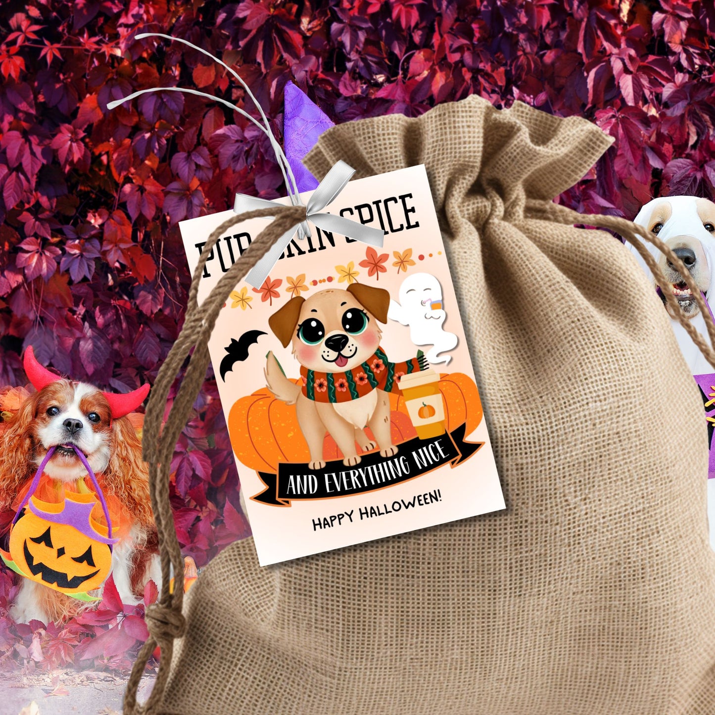 Cute Halloween-themed gift tags featuring a dog with a pumpkin spice latte, surrounded by pumpkins, ghosts, and bats. The tags have the message "Pup-Skin Spice and Everything Nice" and are 2.5 x 3.5 inches, laid out 8 per sheet on an 8.5 x 11-inch page. Includes a printable PDF and a link to an editable Canva template.