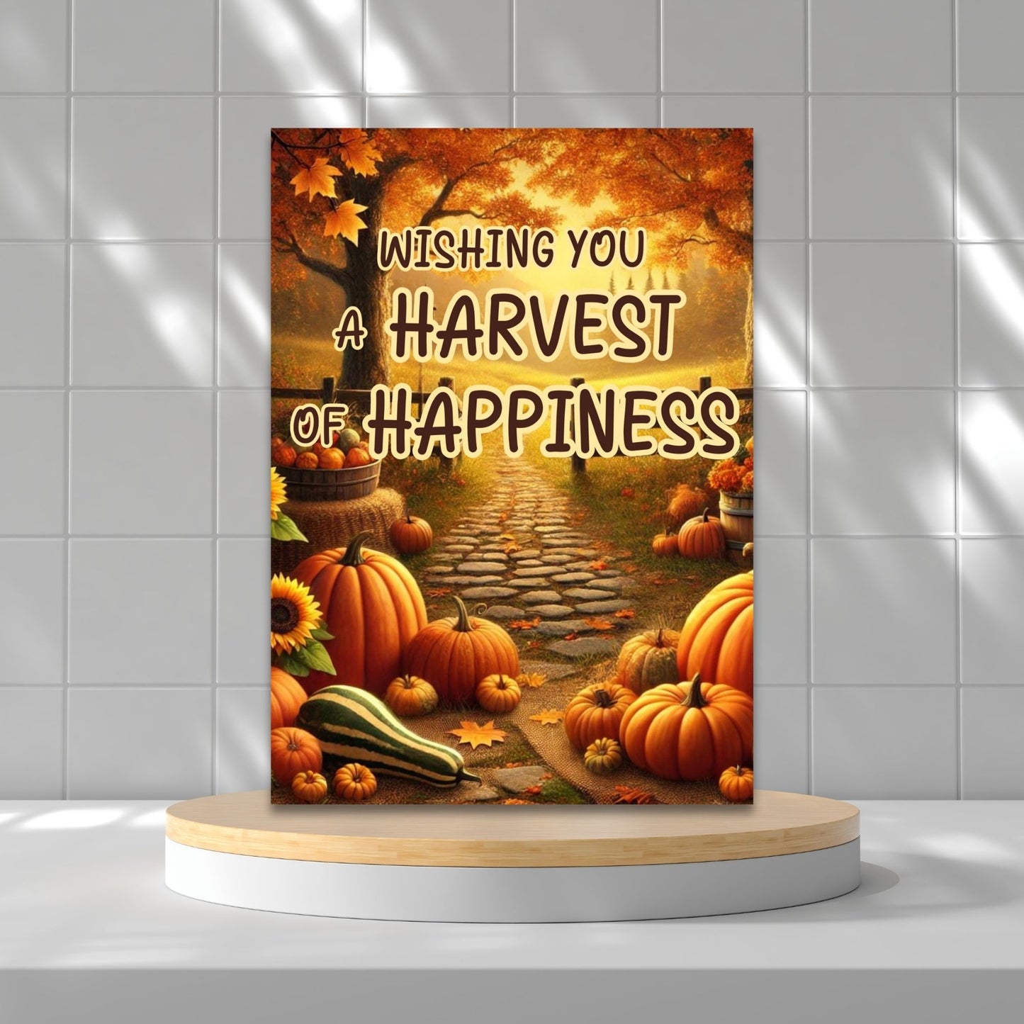 Printable Fall Greeting Card featuring pumpkins and autumn leaves with the message 'Wishing You a Harvest of Happiness,' perfect for seasonal greetings.