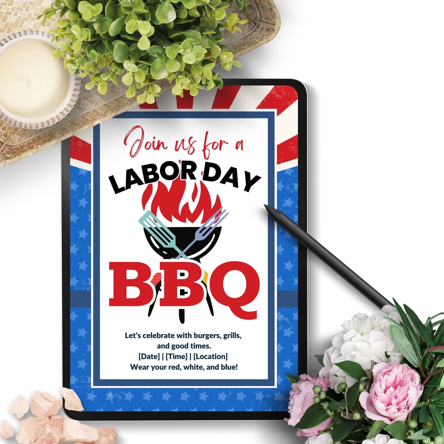 Patriotic-themed Labor Day BBQ invitation with red, white, and blue design, featuring grilling utensils and a bold BBQ title.