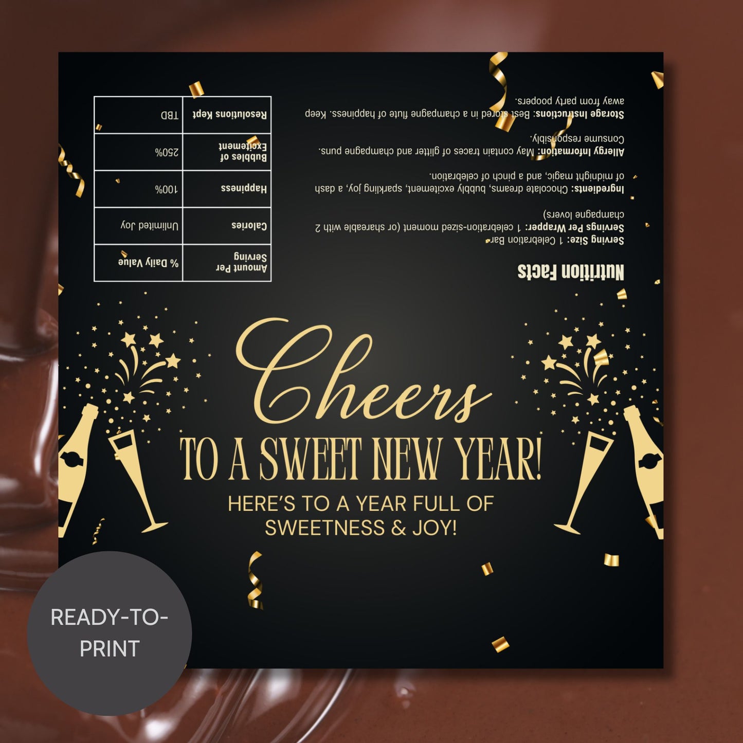 A vibrant New Year chocolate bar wrapper with celebratory designs and customizable text, perfect for adding a personal touch to New Year’s Eve celebrations or party favors.