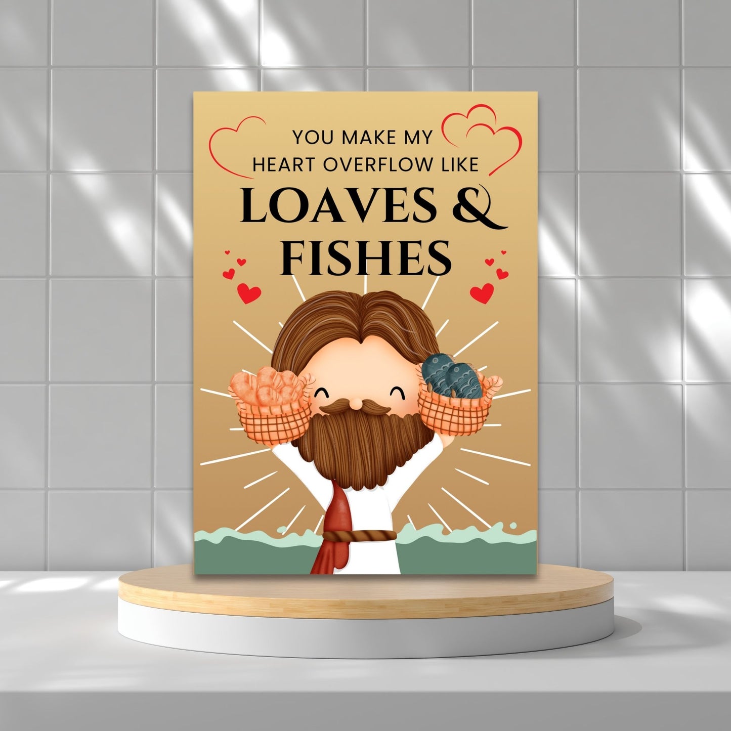 A beautiful Christian printable Valentine’s Day card featuring the message “You Make My Heart Overflow Like Loaves and Fishes”, inspired by Jesus’ miracle of abundance. Available as a 5x7-inch PDF and an 8.5 x 11 sheet with two cards per page. Perfect for faith-based Valentine’s gifts, church groups, and religious occasions.