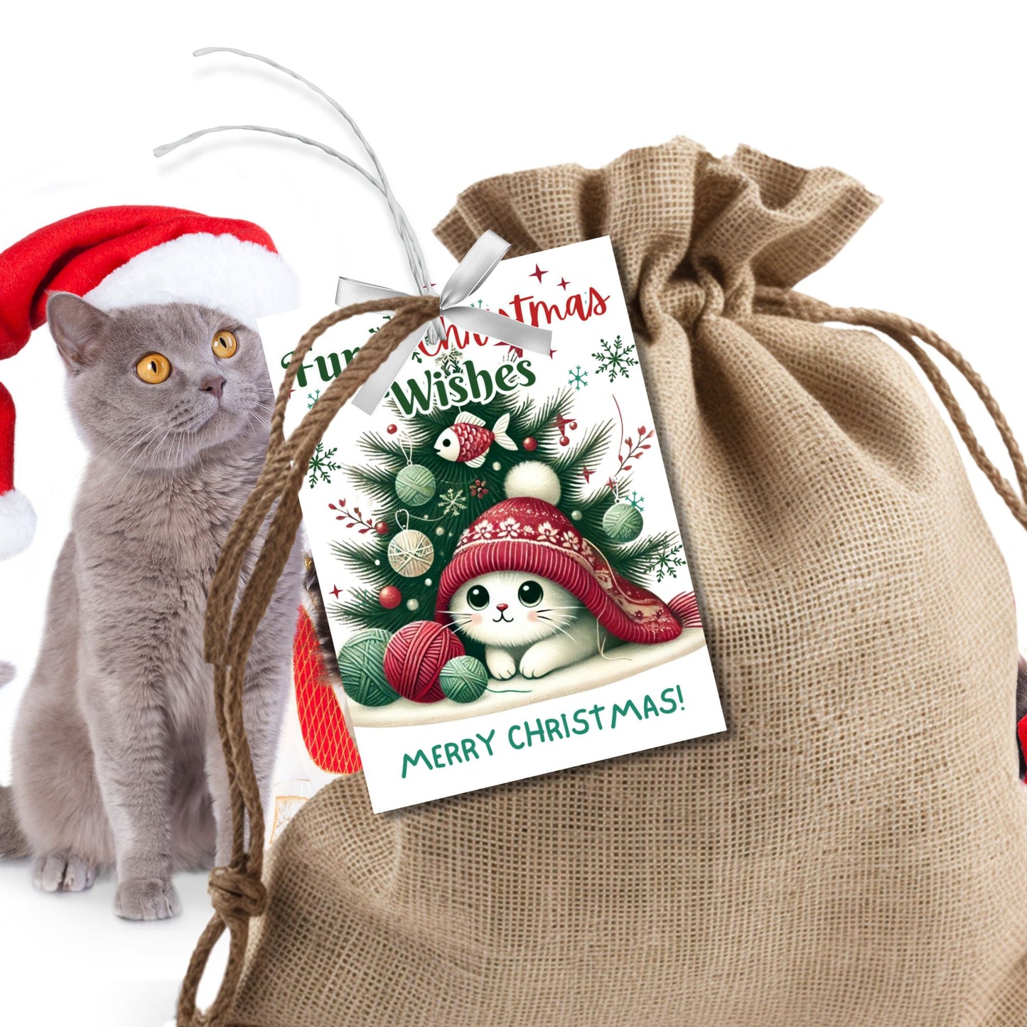 Christmas gift tags featuring an adorable kitten in a festive scene, with the message "Furry Christmas Wishes." These printable and editable tags are perfect for cat lovers and add a cute, cozy touch to holiday gifts.