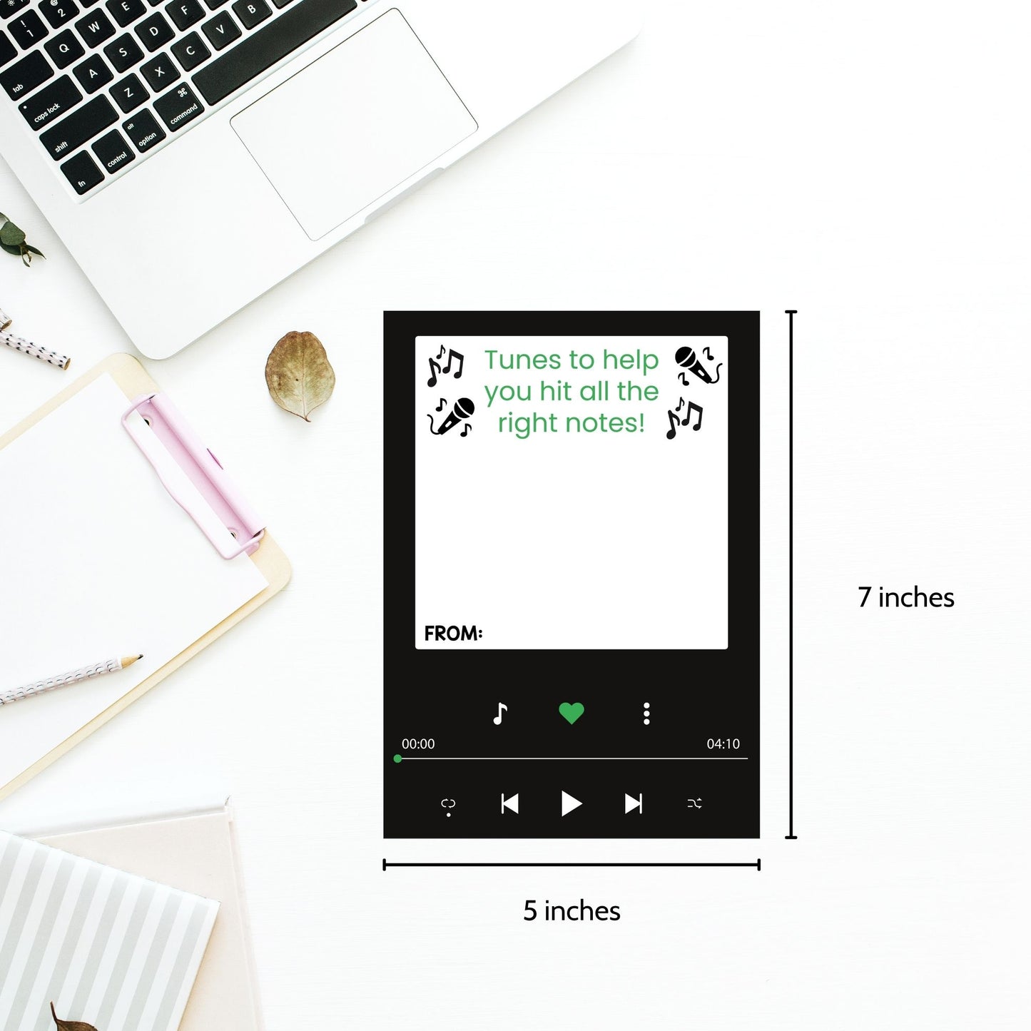 Printable music streaming gift card holders for students and anyone, 5x7 inches, laid out on an 8.5 x 11 inch sheet, with a rhythmic "Tunes to Help You Hit All the Right Notes" message.