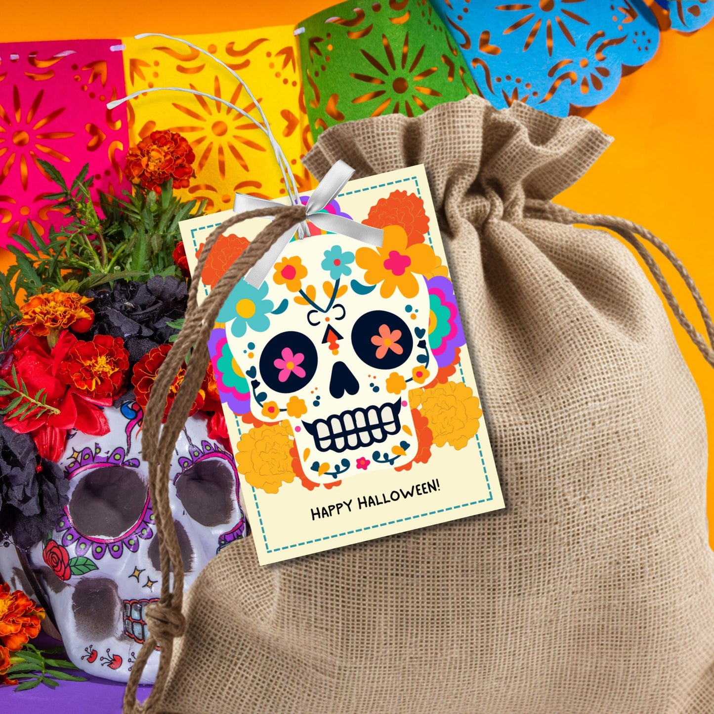 Vibrant Día de los Muertos and Halloween gift tag featuring a colorful sugar skull with floral designs. Ideal for customizable and printable gift tags.