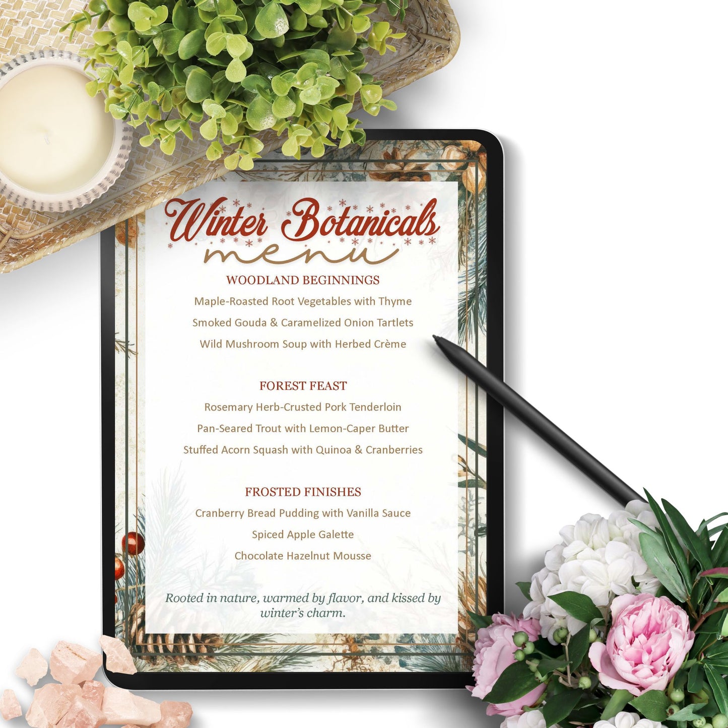 Winter Botanicals menu with floral and candle decorations on a white background