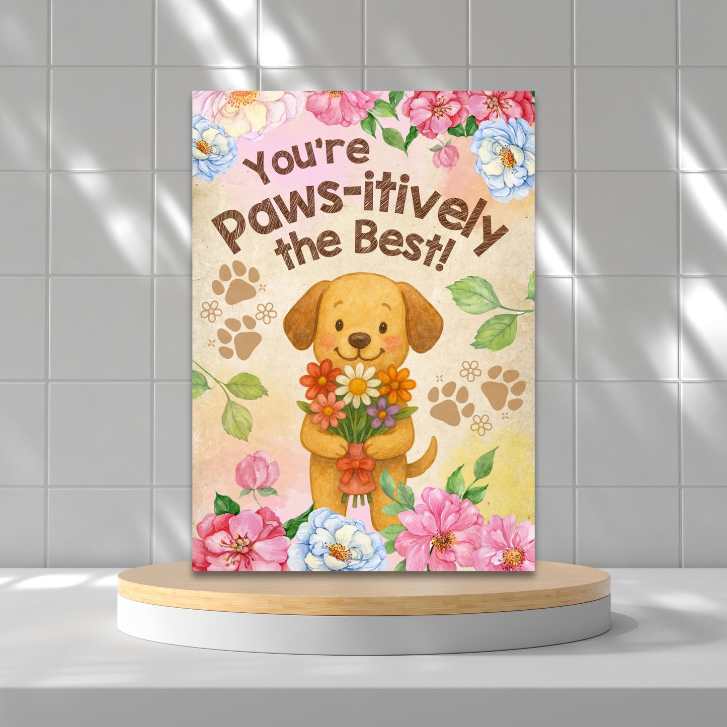 Printable 5x7 card with paw prints and the message “You’re Pawsitively the Best,” ideal for pet moms or animal lovers on Mother’s Day, available as an instant PDF download.