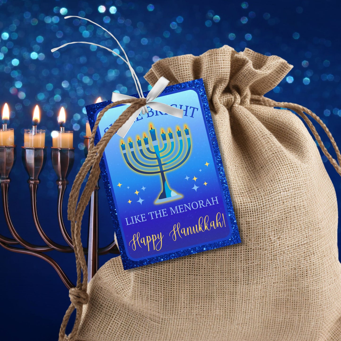 A sheet of eight printable and editable Hanukkah gift tags featuring a vibrant menorah design with the text "Shine Bright Like the Menorah - Happy Hanukkah!" Perfect for adding a festive touch to Hanukkah gifts.