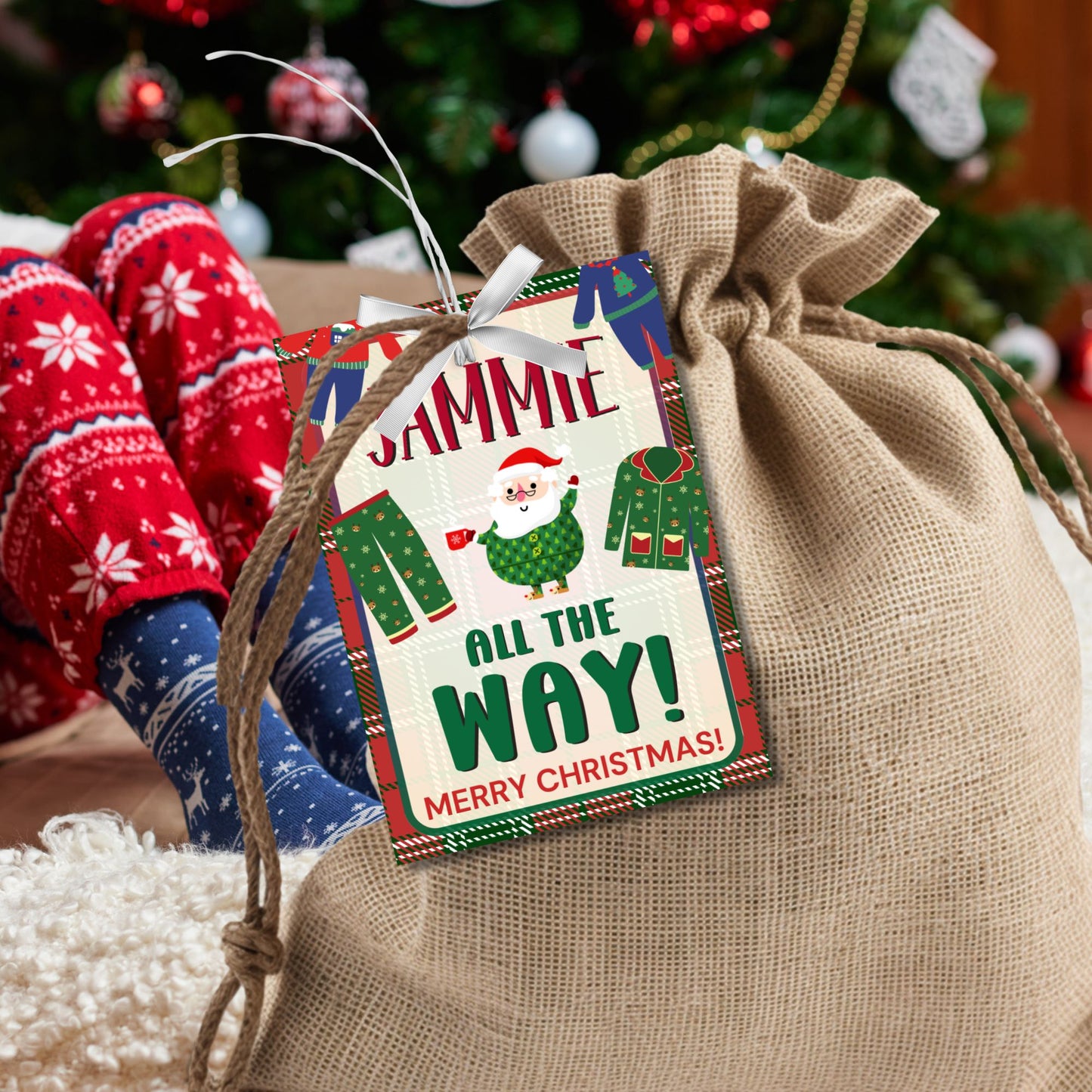 Holiday gift tags with a "Jammie All the Way!" theme, ideal for attaching to pajama gifts, featuring festive holiday pajamas, Santa, and a cozy plaid background.
